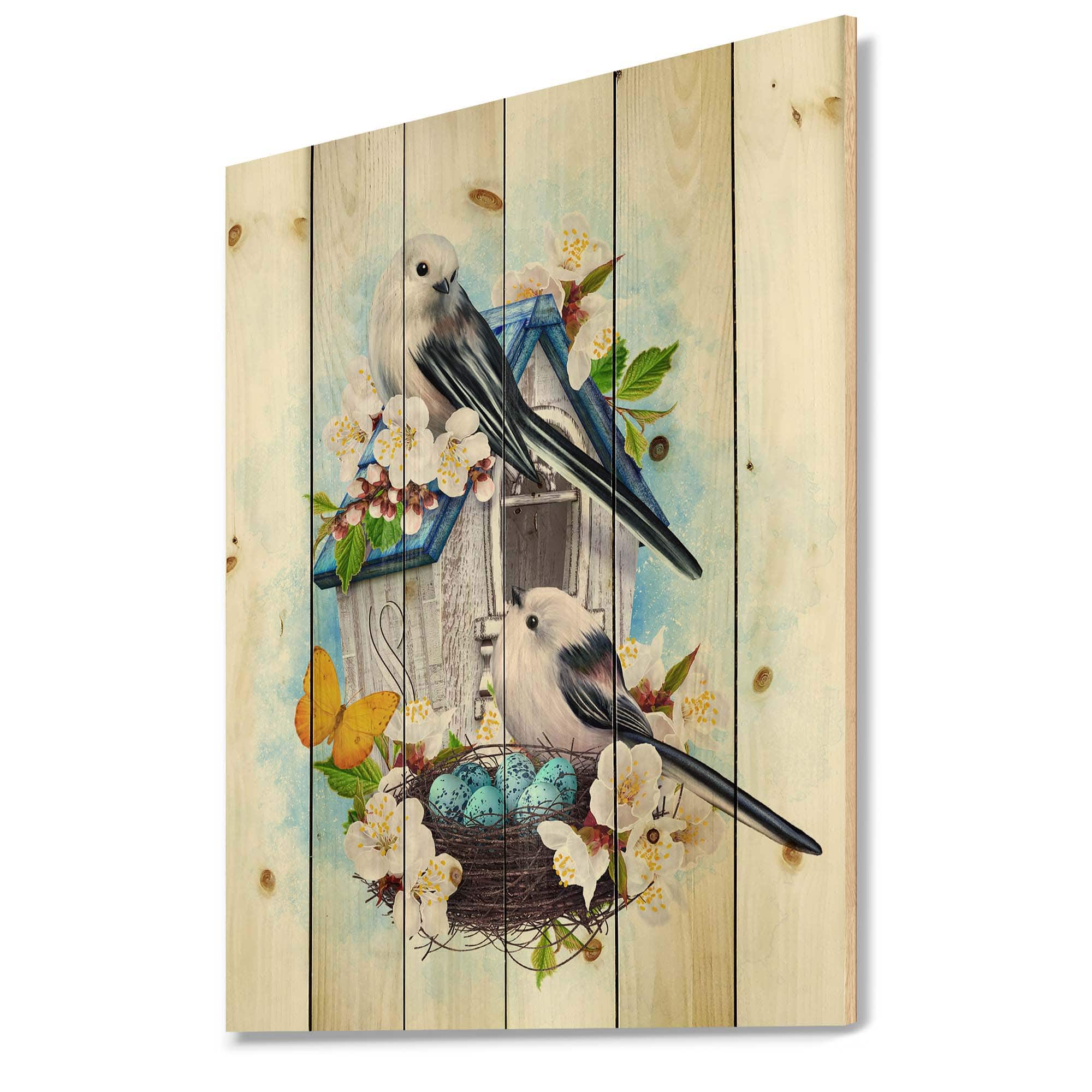 Designart - Two Tit Birds Sitting Near The Nest With Eggs II - Traditional Print on Natural Pine Wood