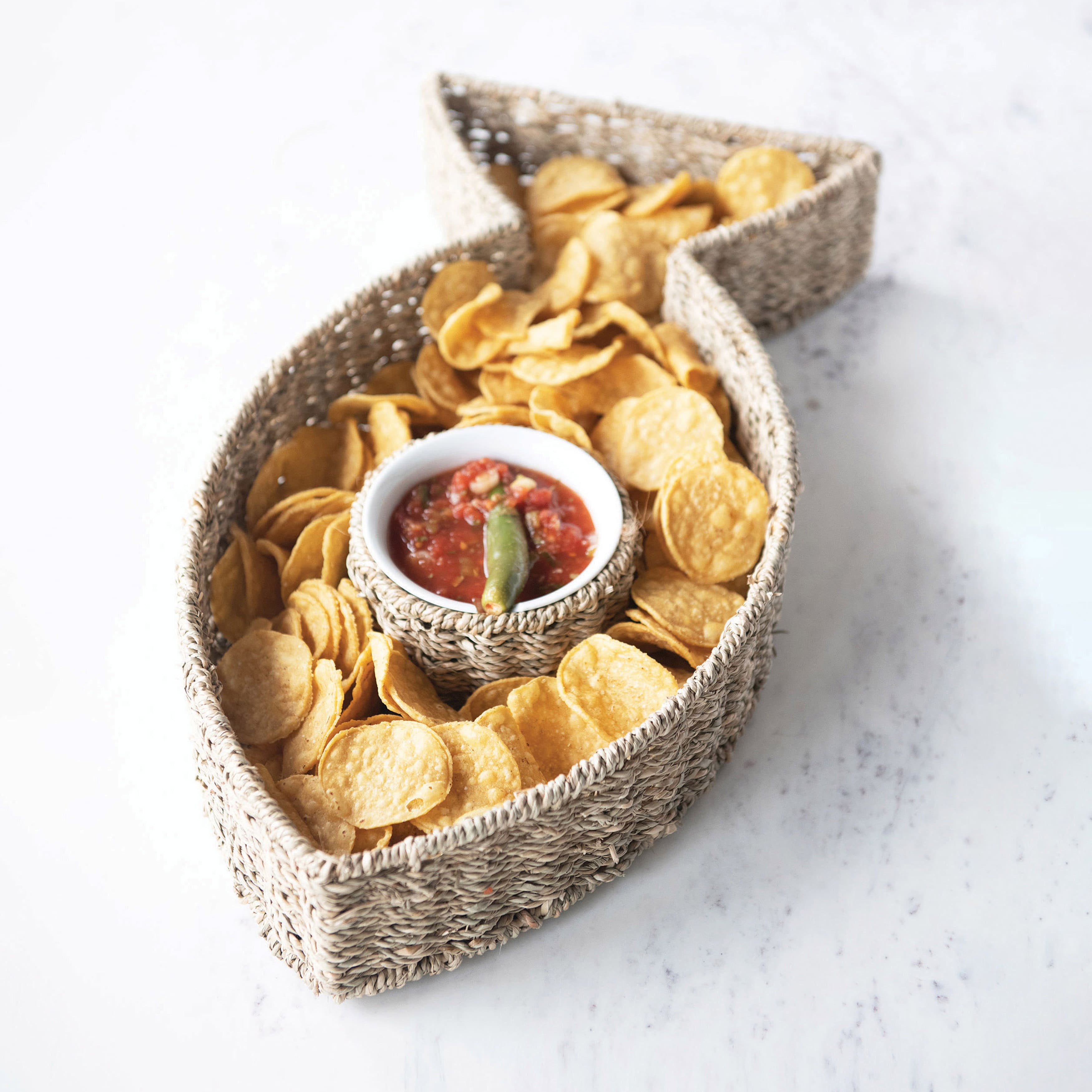 Hello Honey&#xAE; Hand-Woven Seagrass Fish Shaped Chip &#x26; Dip with Ceramic Bowl Set
