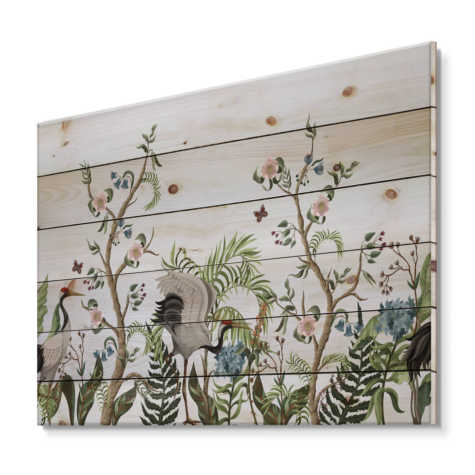 Designart - Border With Cranes &#x26; Peonies In Chinoiserie Style - Traditional Print on Natural Pine Wood