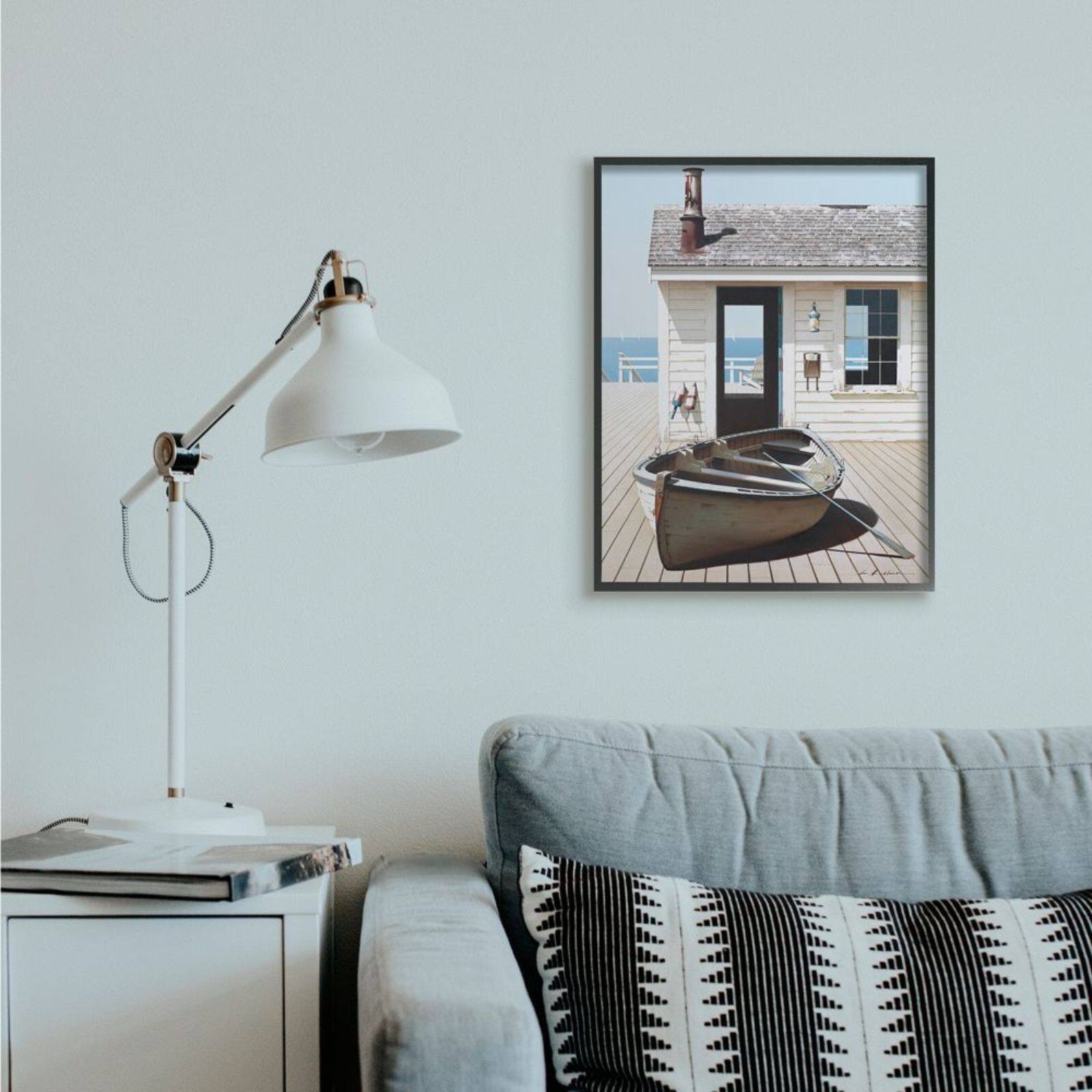 Stupell Industries Boat On Boardwalk Tranquil Coastal Boathouse Black Framed Wall Art