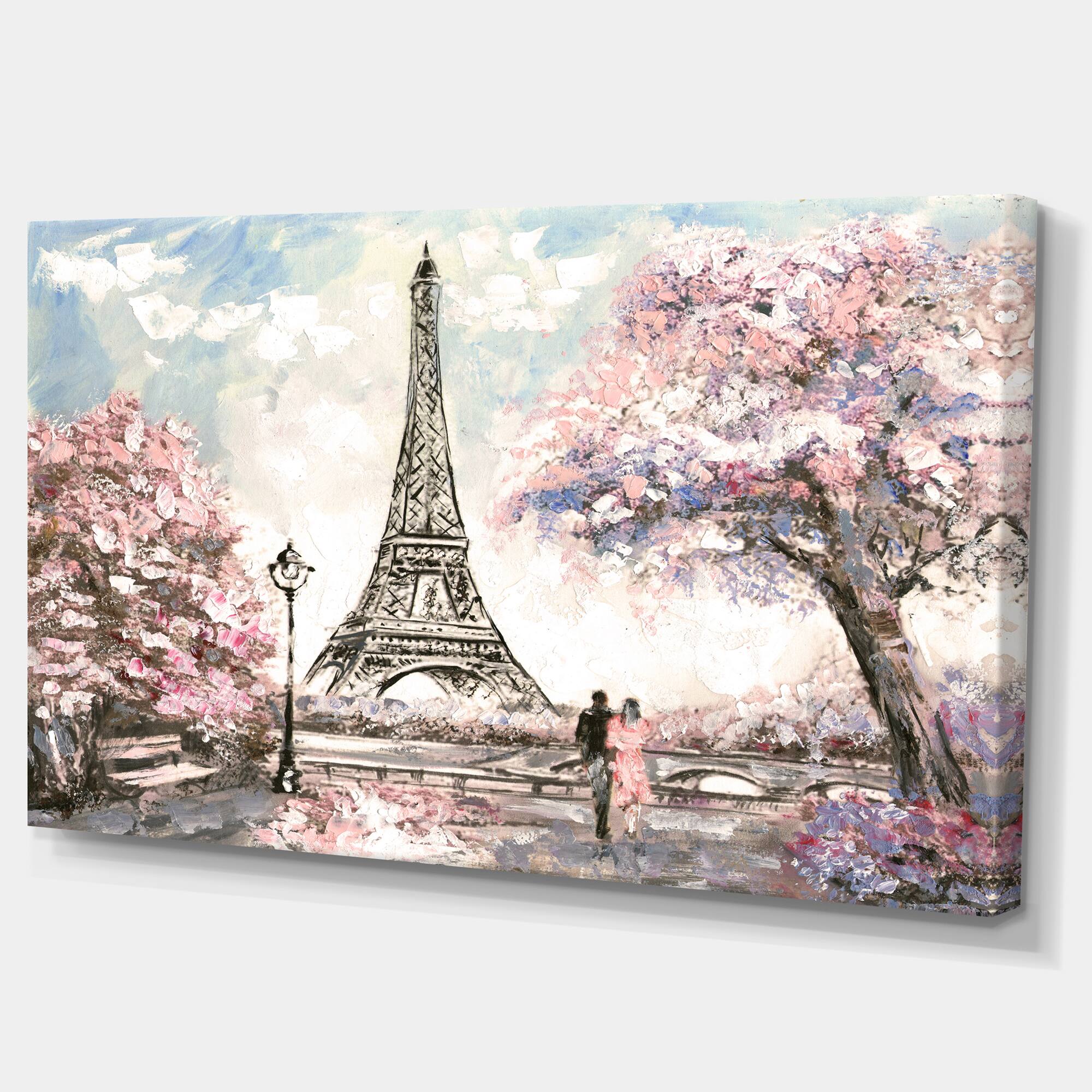 Designart - Eiffel with Pink Flowers - Landscape Canvas Art Print