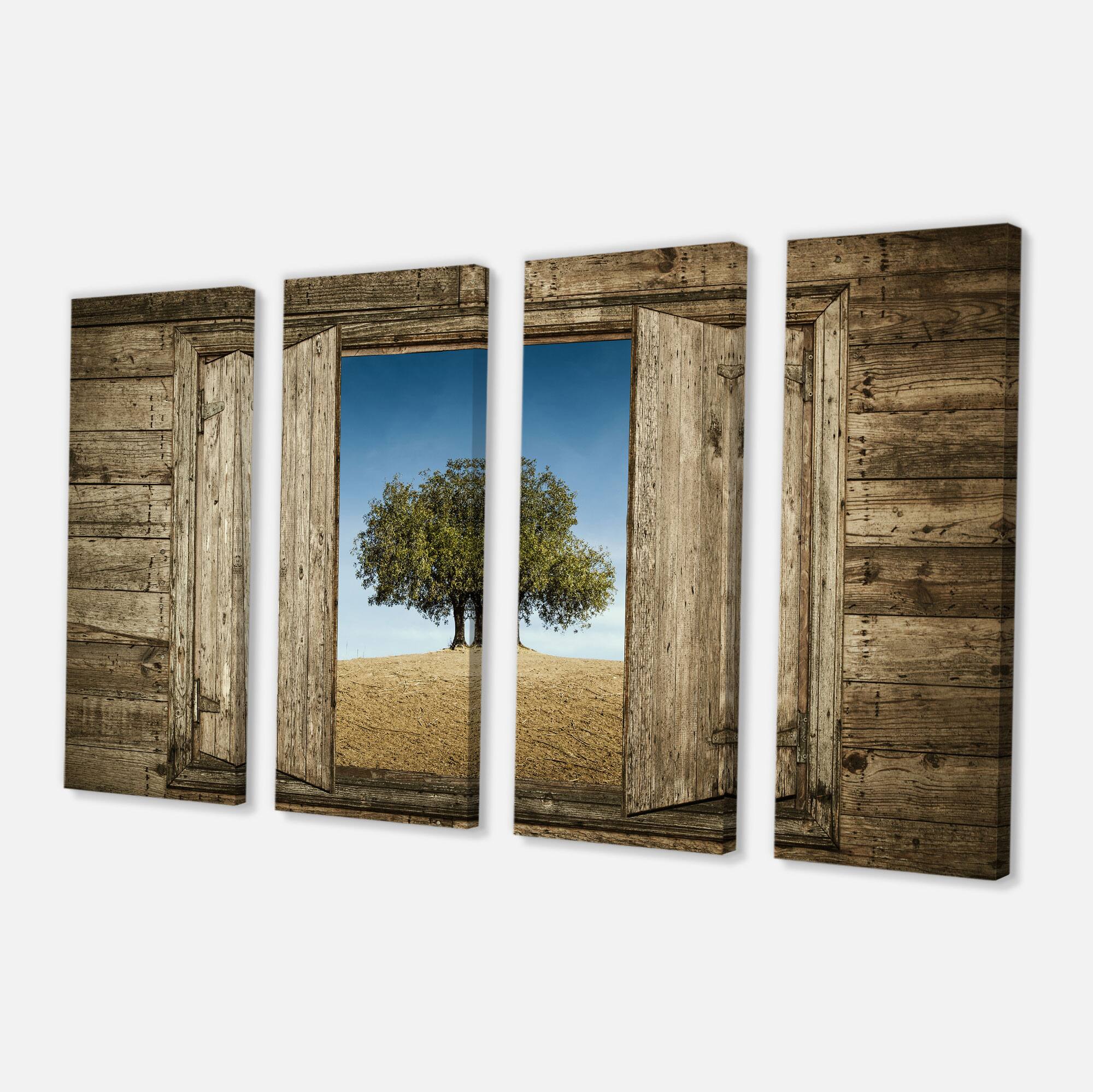 Designart - Window Open To Solitary Tree - Modern Landscape Canvas Art