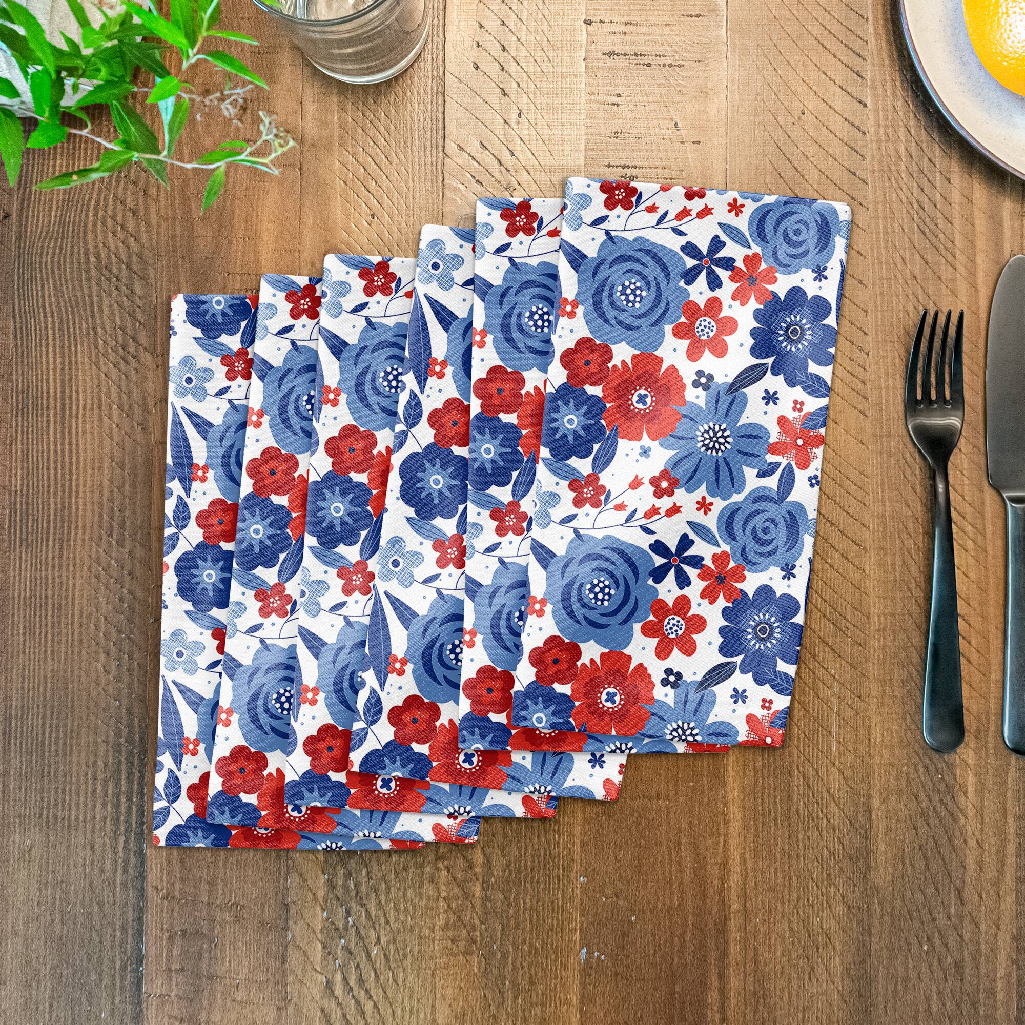 Red White and Blue Florals Cotton Twill Napkin