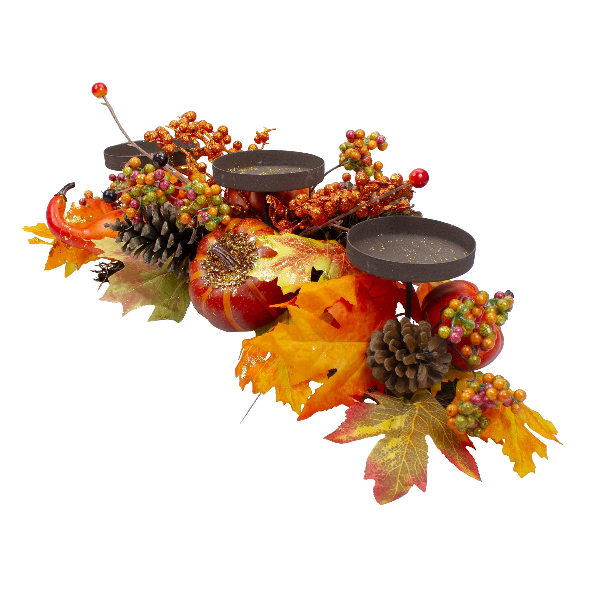 21&#x22; Orange Fall Harvest Leaves &#x26; Pumpkins Candle Holder