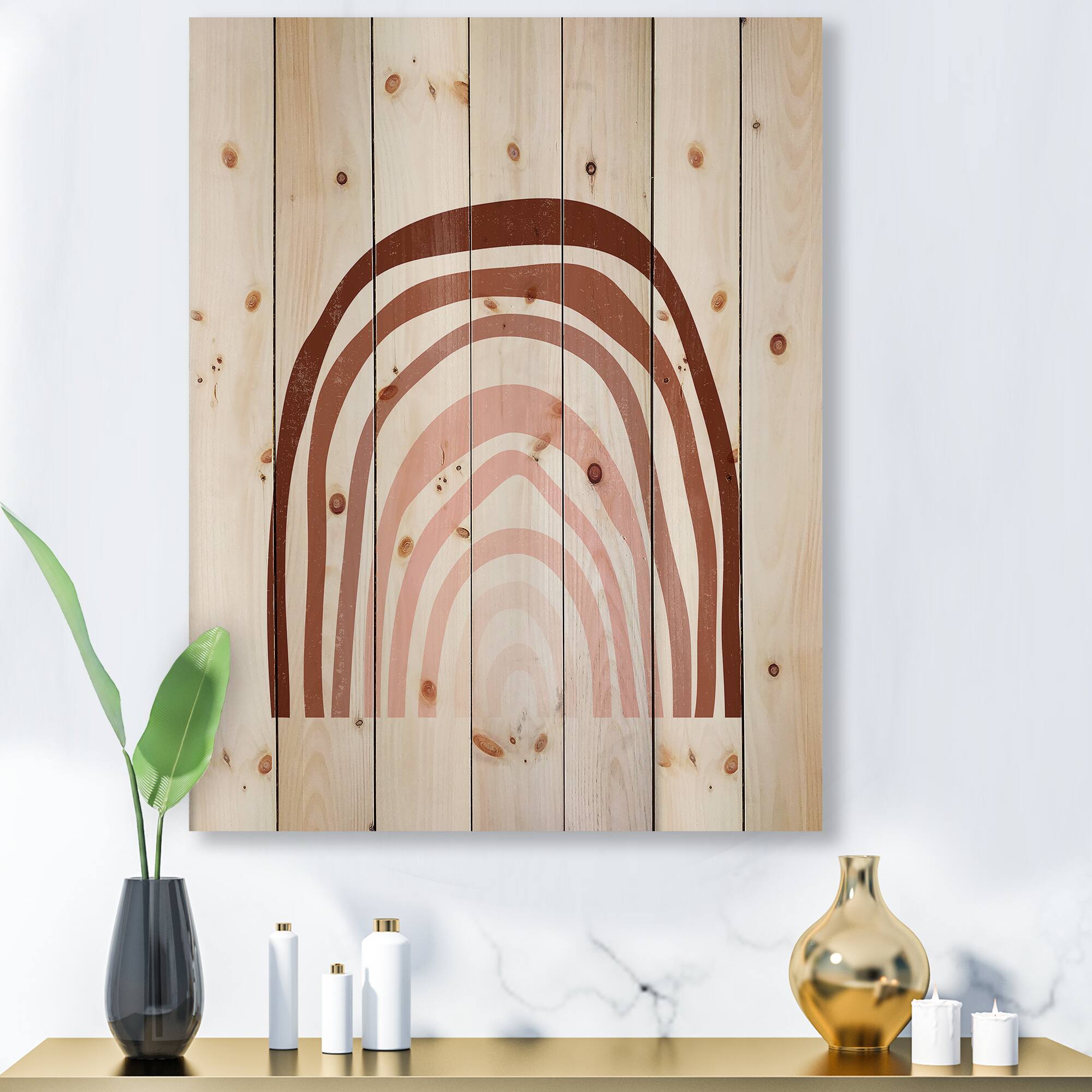 Designart - Terracotta Minimalist Boho Rainbow I - Modern Print on Natural Pine Wood