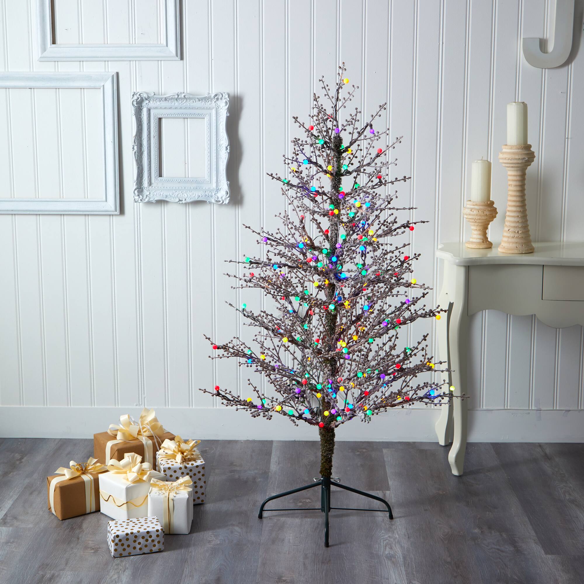 5ft. Pre-Lit Frosted Berry Twig Artificial Christmas Tree with Multicolored LED Lights 