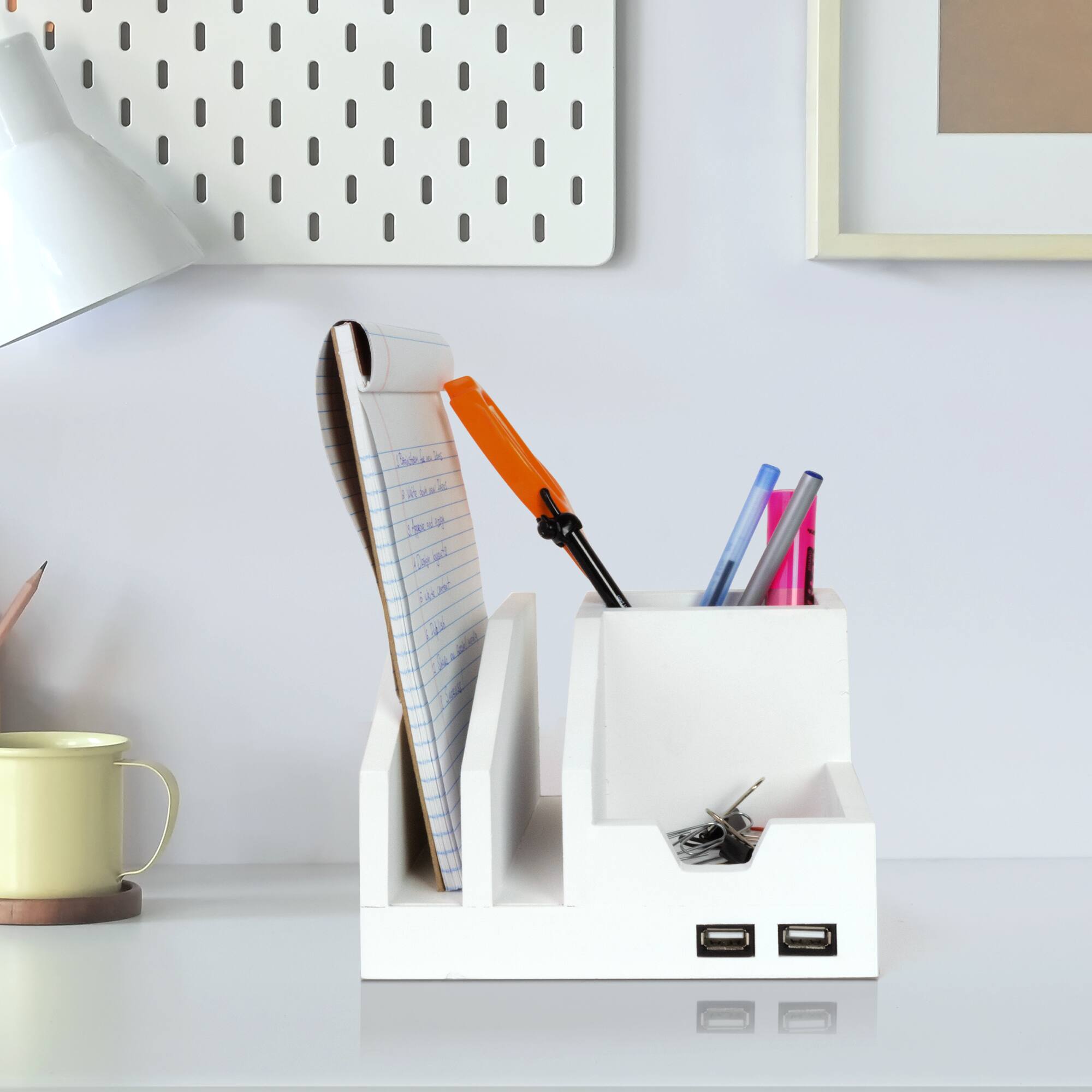 American Art D&#xE9;cor&#x2122; White All-in-One Desk File Organizer with USB Charger
