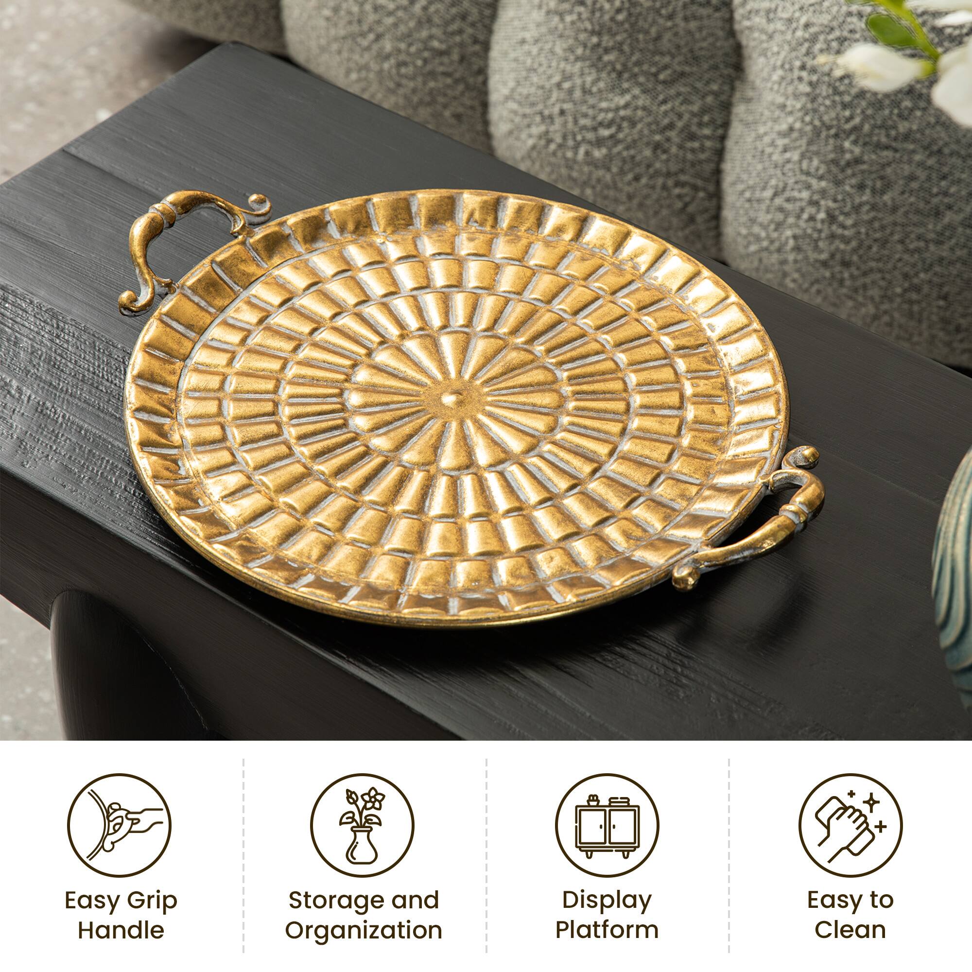 Glitzhome&#xAE; Gold Round Metal Embossed Decorative Trays Set