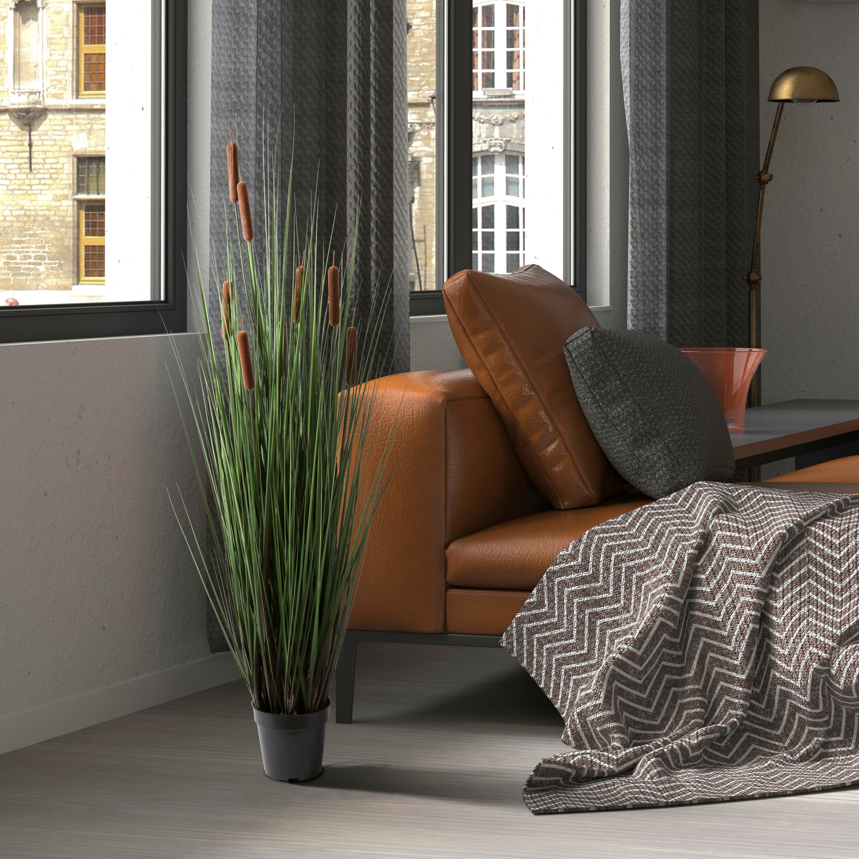 Potted Green Straight Grass &#x26; Cattails