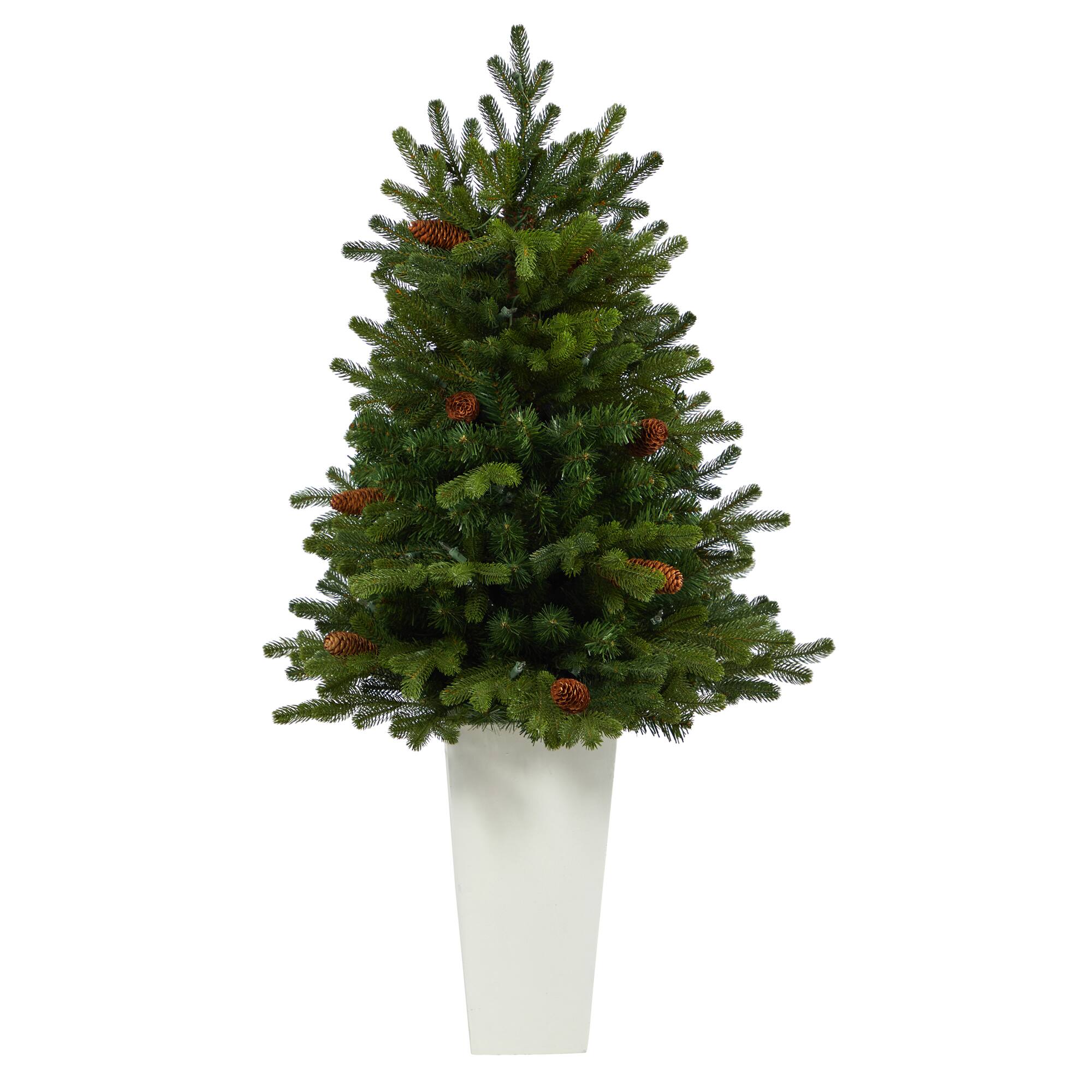 3.5ft. Pre-Lit Yukon Mountain Fir Artificial Christmas Tree in White Planter, Clear Lights