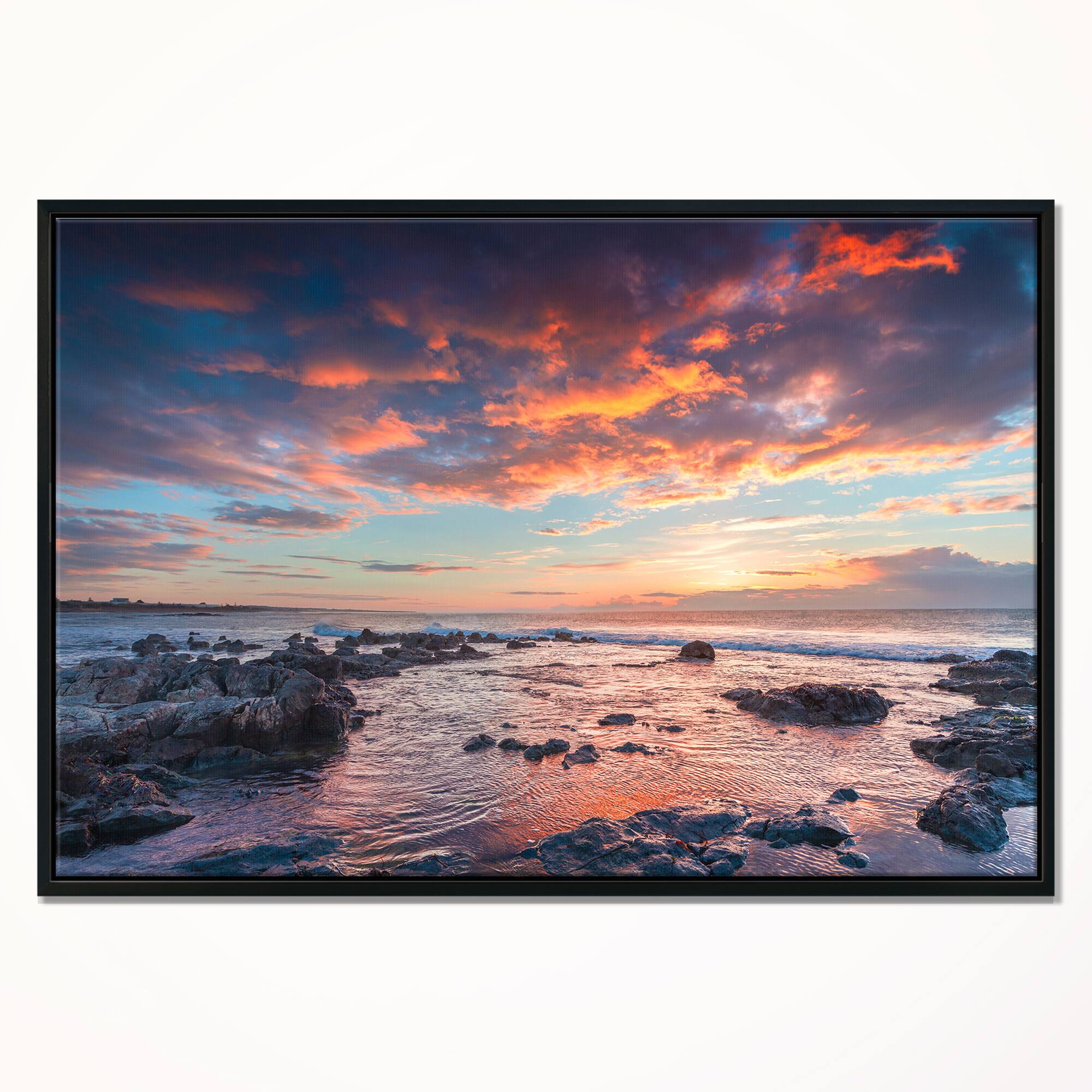 Designart - Passero Cape Spring Sunrise - Seashore Photo Canvas Art Print in Black Frame