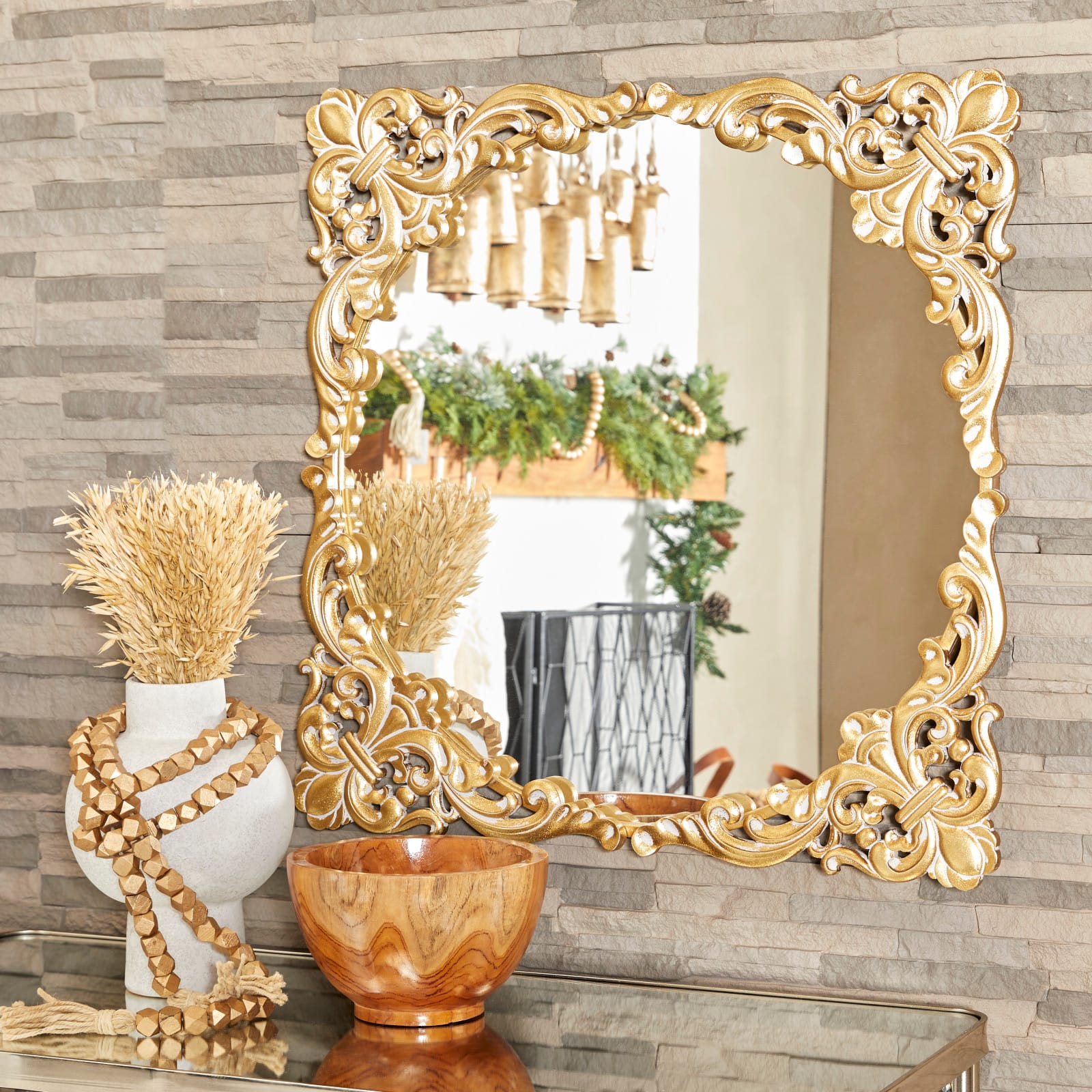 The Novogratz Gold Metal Carved Acanthus Floral Wall Mirror with ...