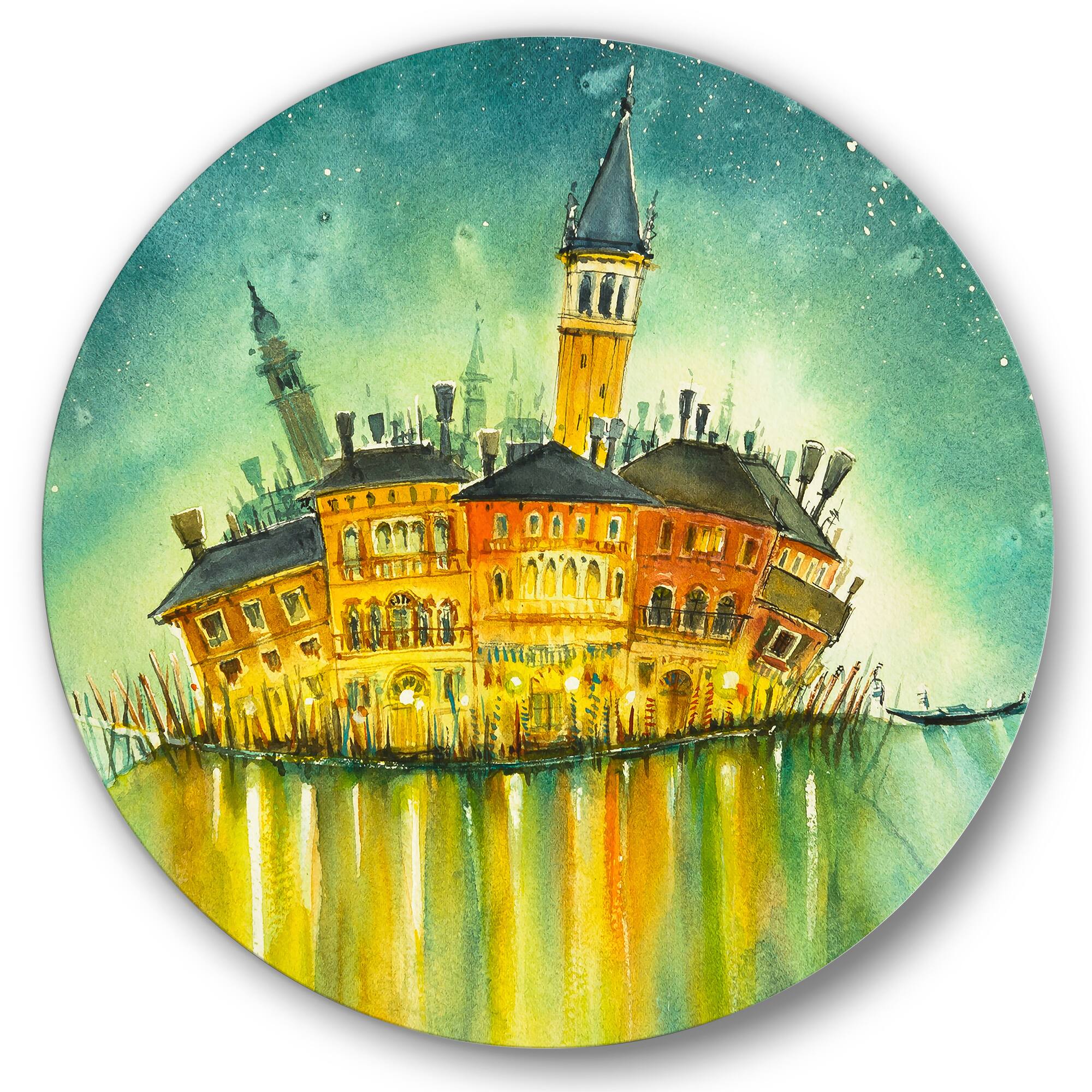 Designart - Idyllic Island of Venice At Night - Modern Metal Circle Wall Art