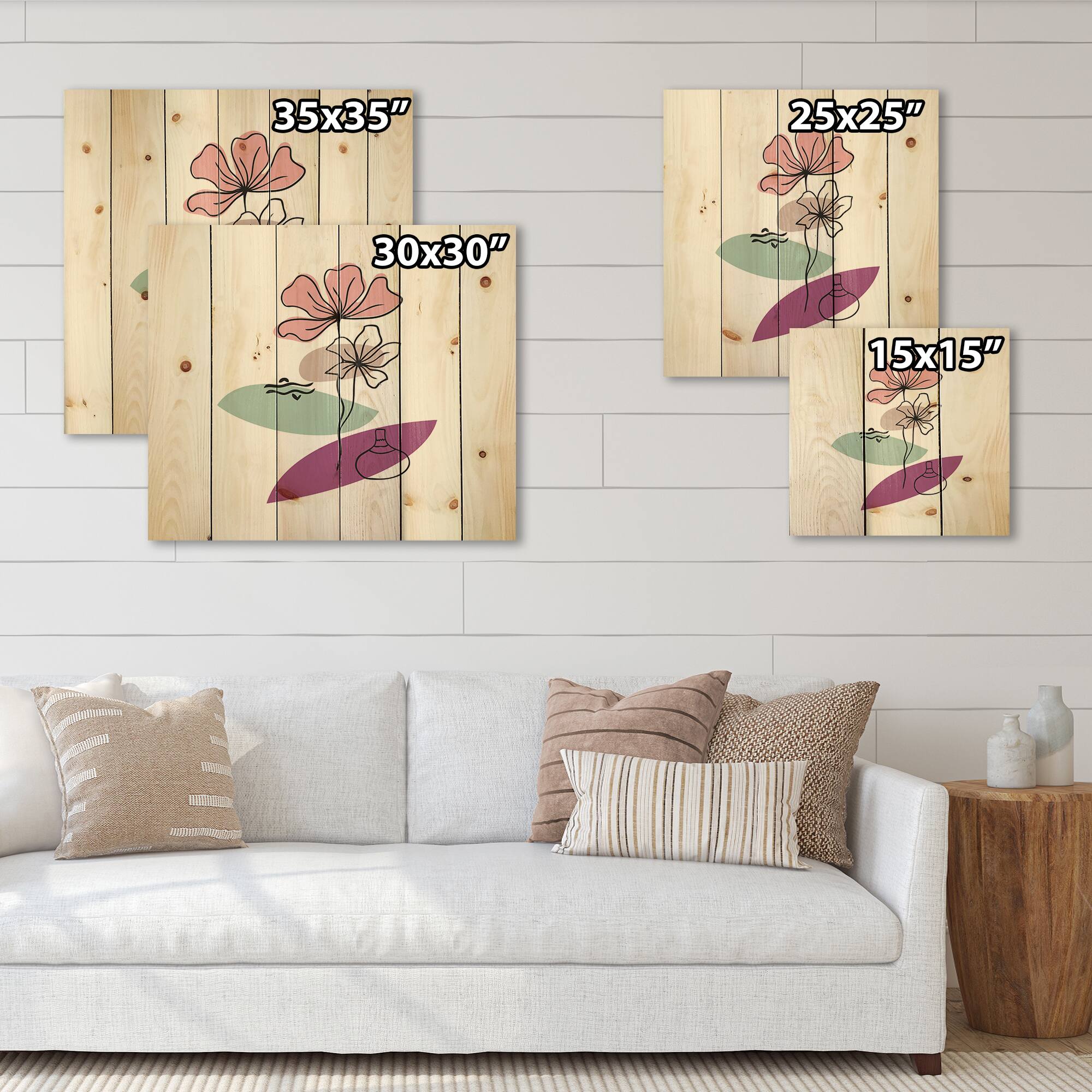 Designart - Elementary Shapes With Abstract Flowers Plants IV - Modern Print on Natural Pine Wood