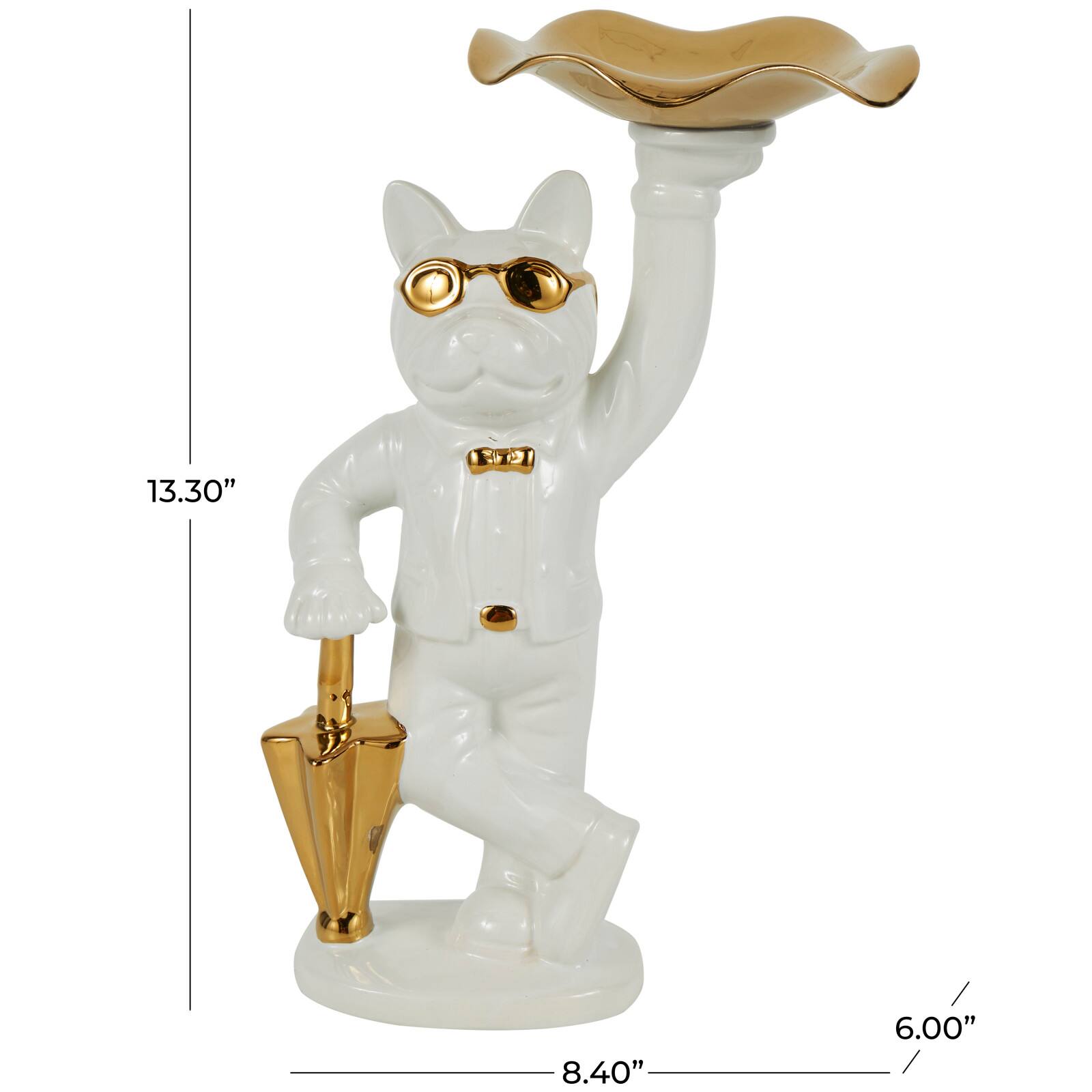 13" White & Gold Ceramic Bulldog Sculpture