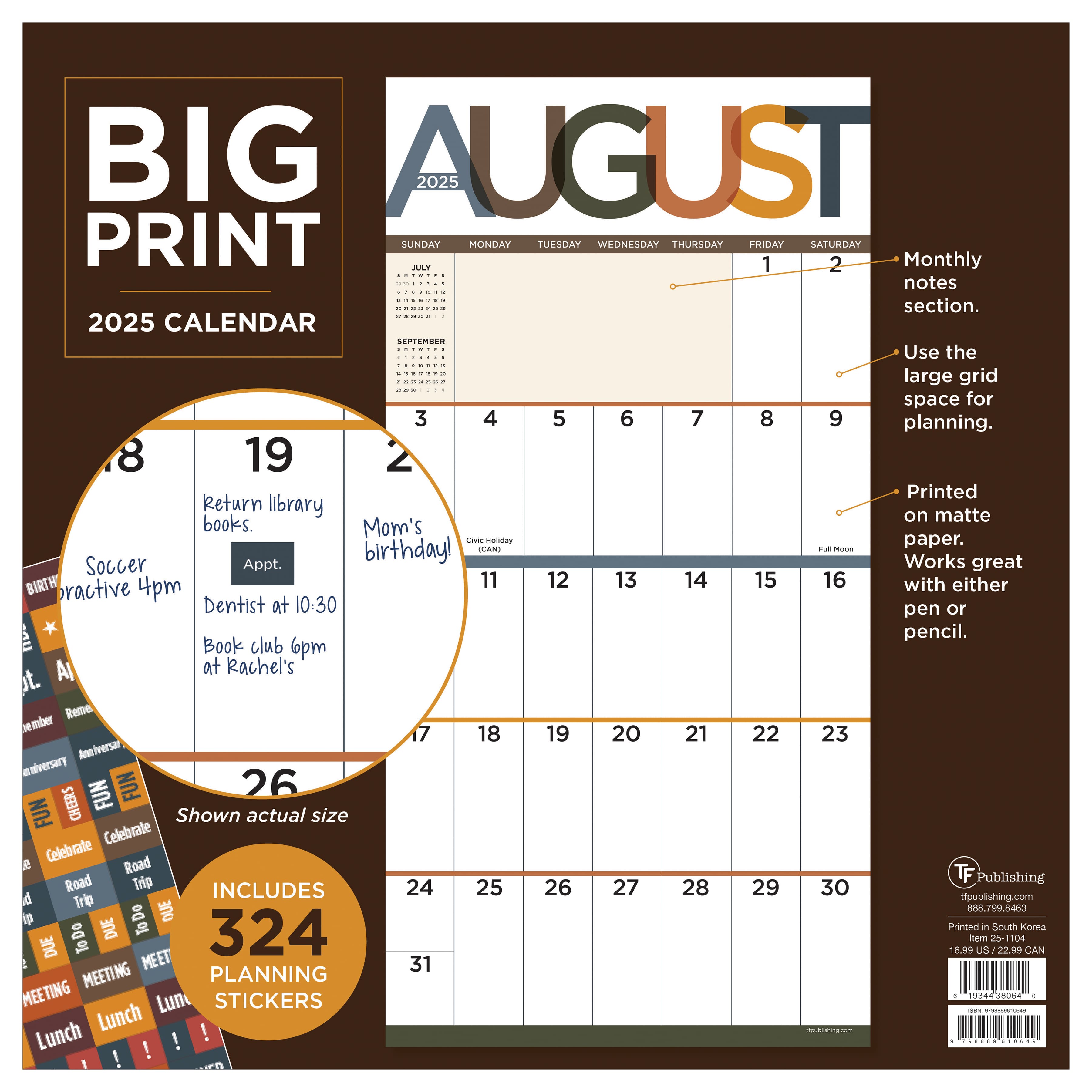 TF Publishing 2025 Big Print Wall Calendar