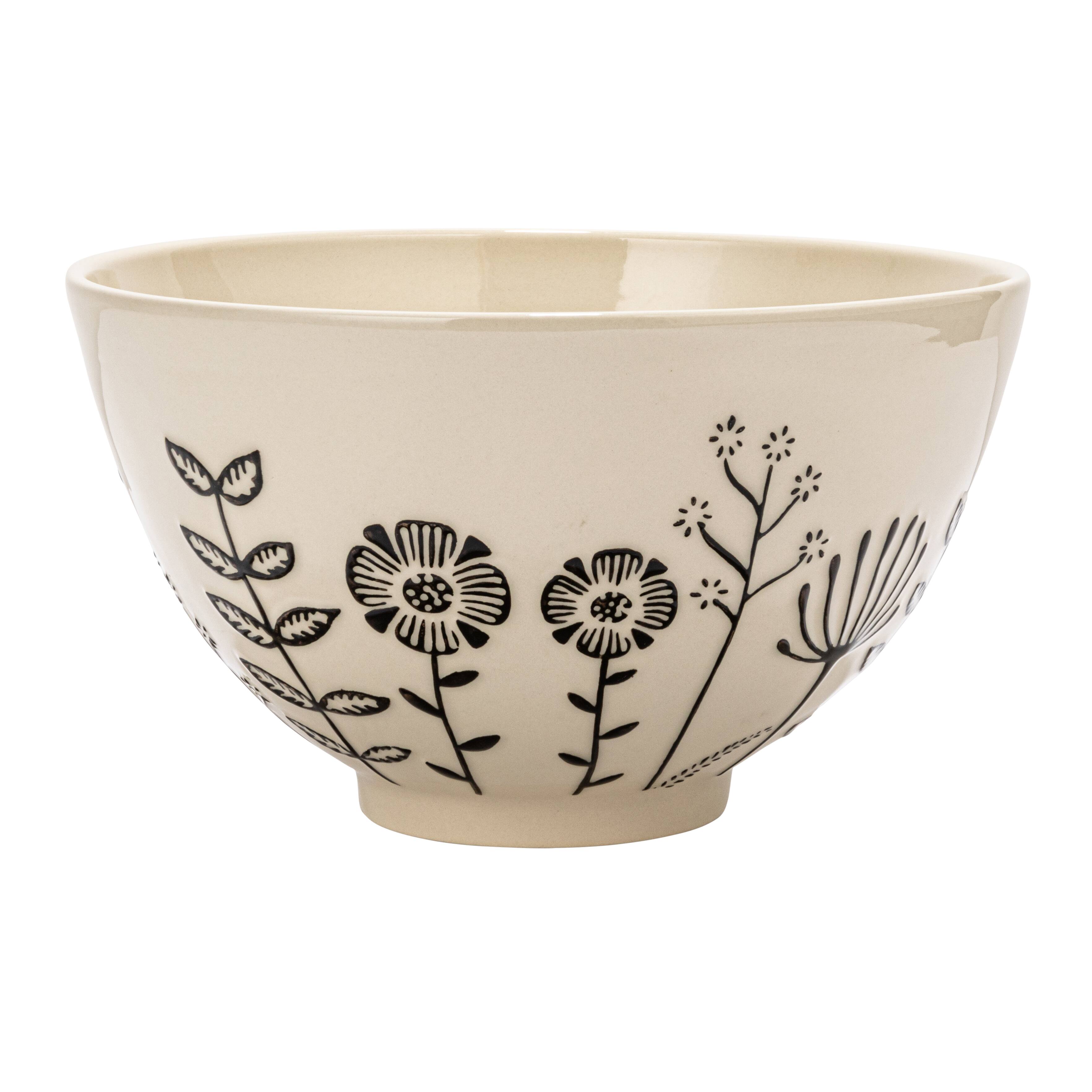 Hello Honey® 12" Cream & Black Embossed Flowers Hand-Painted Stoneware Serving Bowl