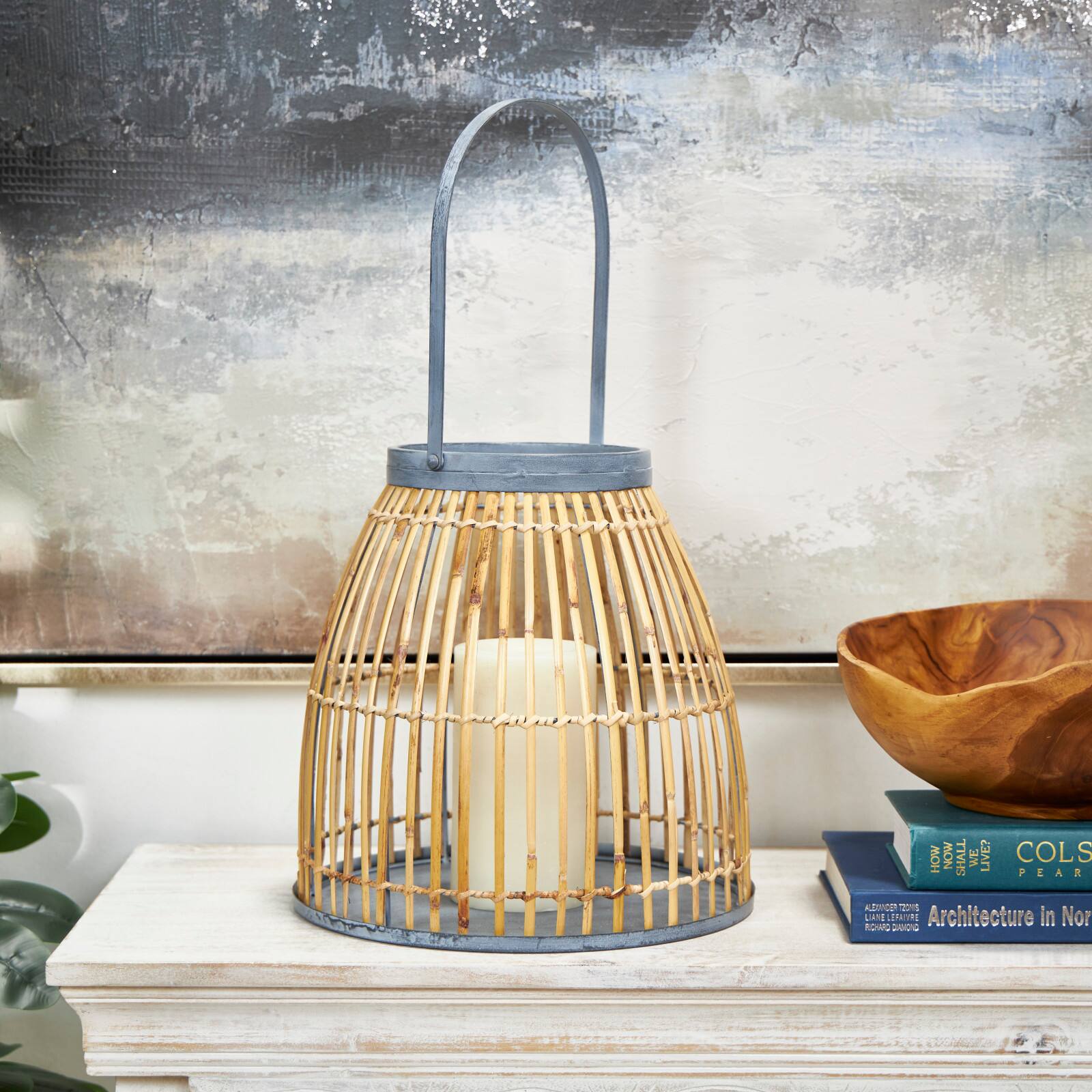 13&#x22; Brown Bamboo Woven Caged Candle Lantern