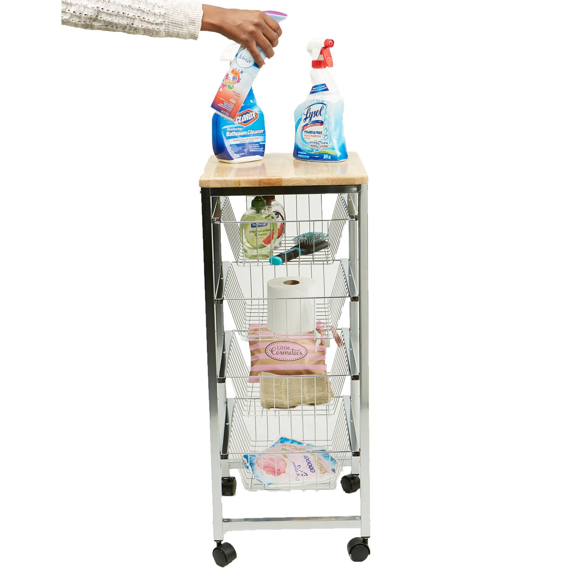 Mind Reader 34" Silver 4-Tier Wire Basket Cart with Wood Surface
