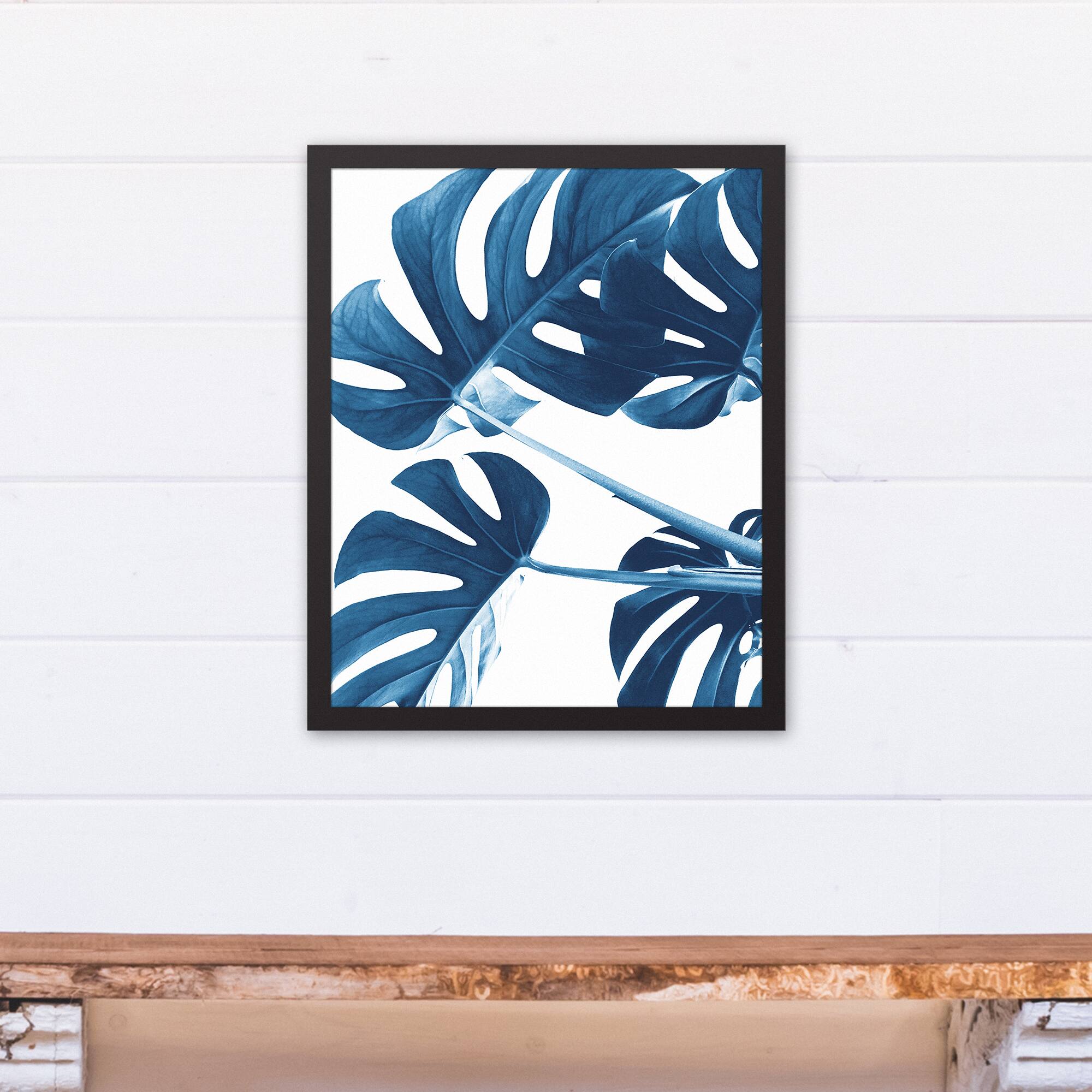 Blue Monstera Canvas Wall Art in Black Frame