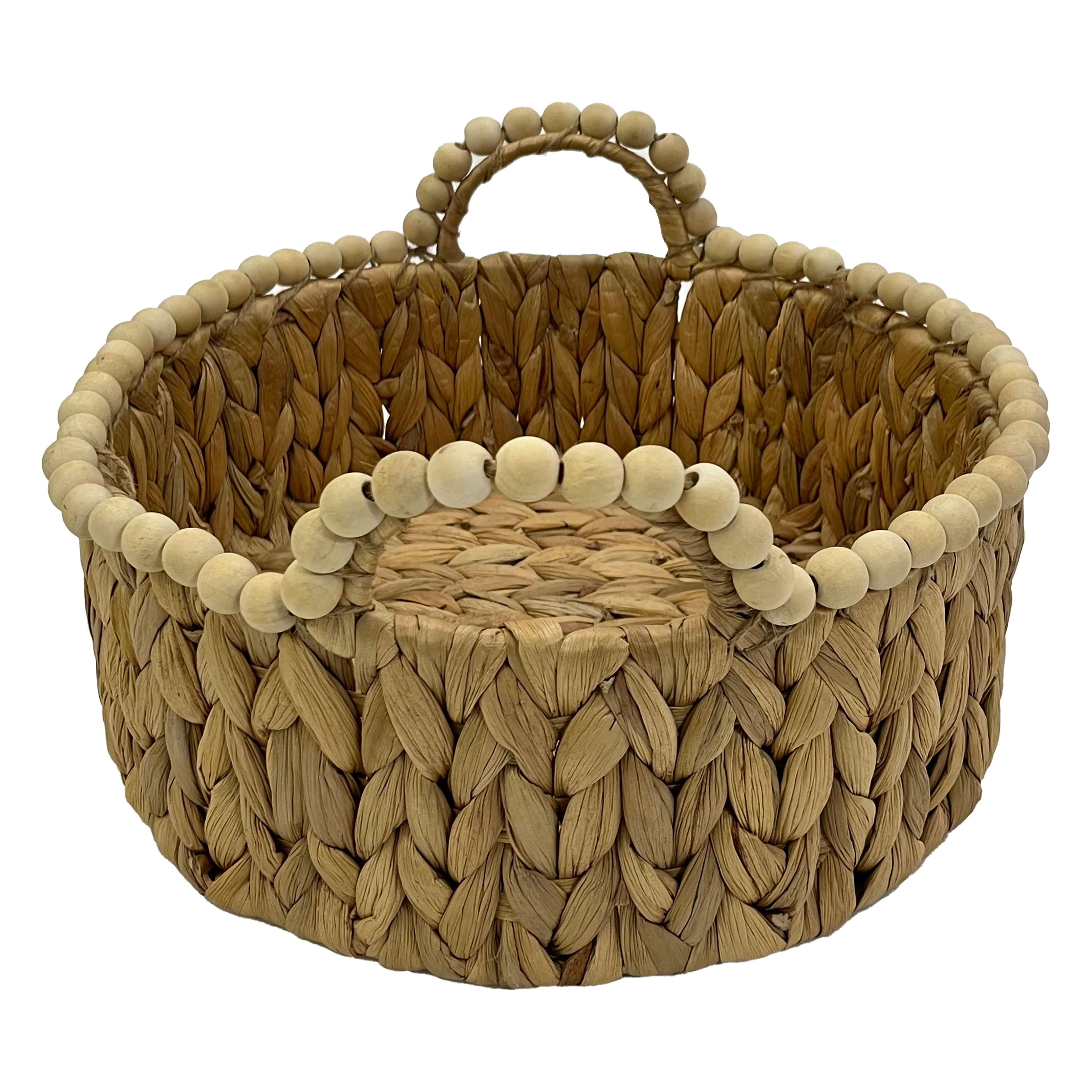 Large Round Water Hyacinth Woven Basket with Wood Beads by Ashland&#xAE;