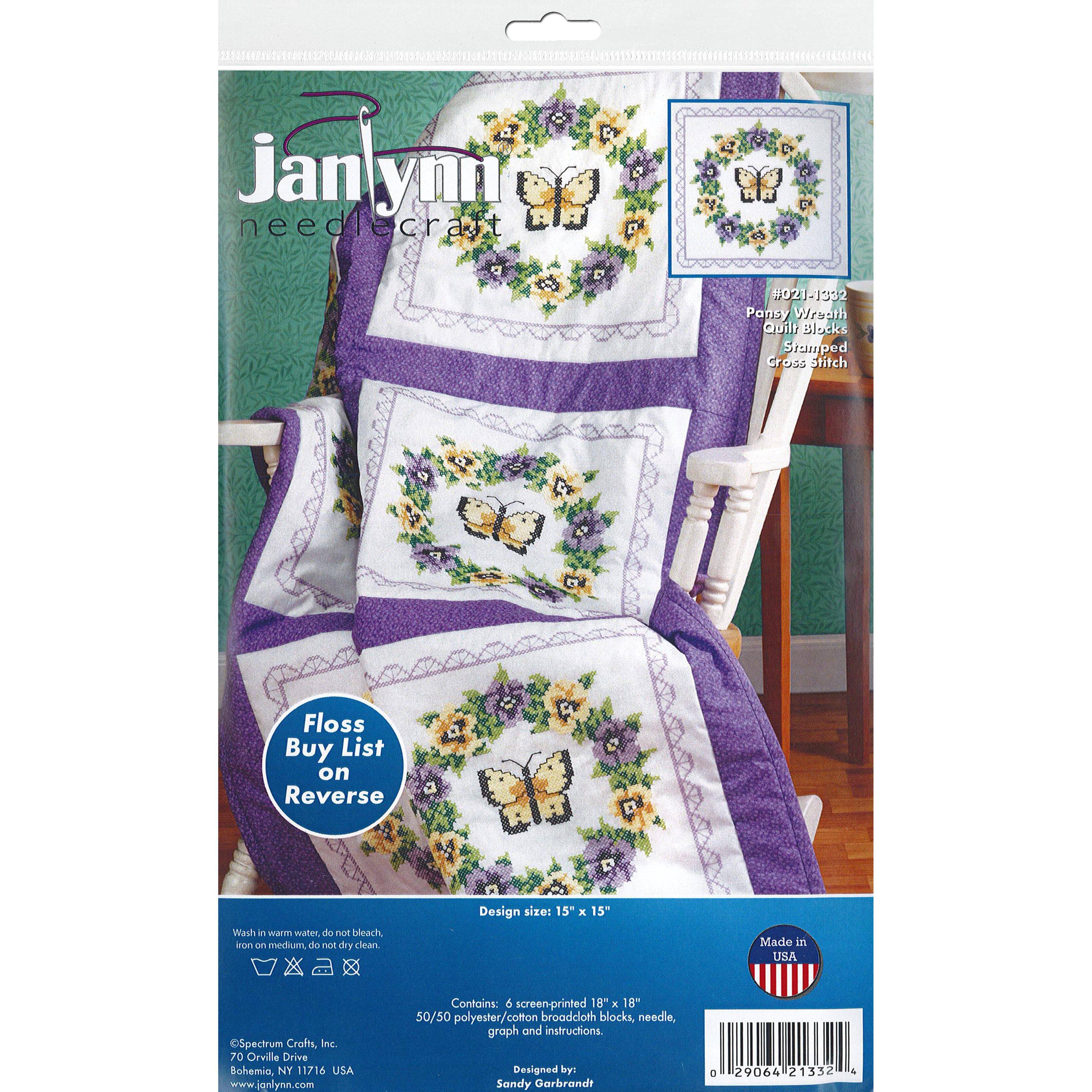 Janlynn Pansy Wreath Stamped Cross Stitch 6ct. Quilt Blocks, 18 x 18 - D616052S - Wreaths and Garlands Purchase the Janlynn Pansy Wreath Stamped Cross St sku D616052S