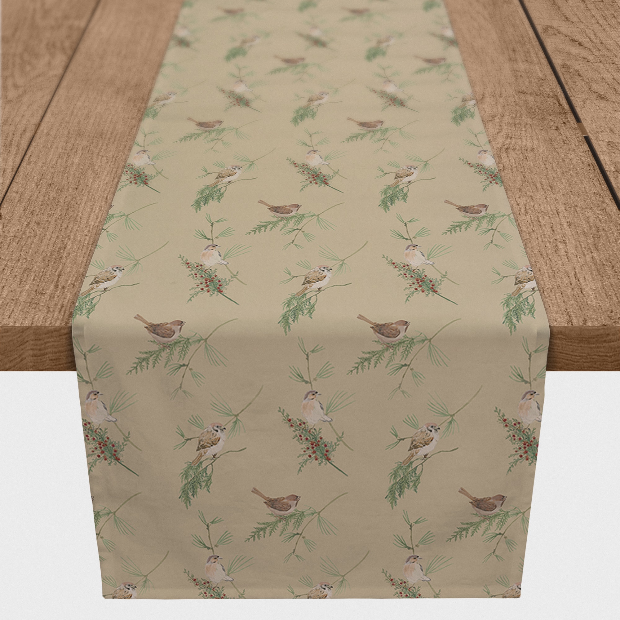 90&#x22; Brown Pine &#x26; Birds Cotton Twill Runner