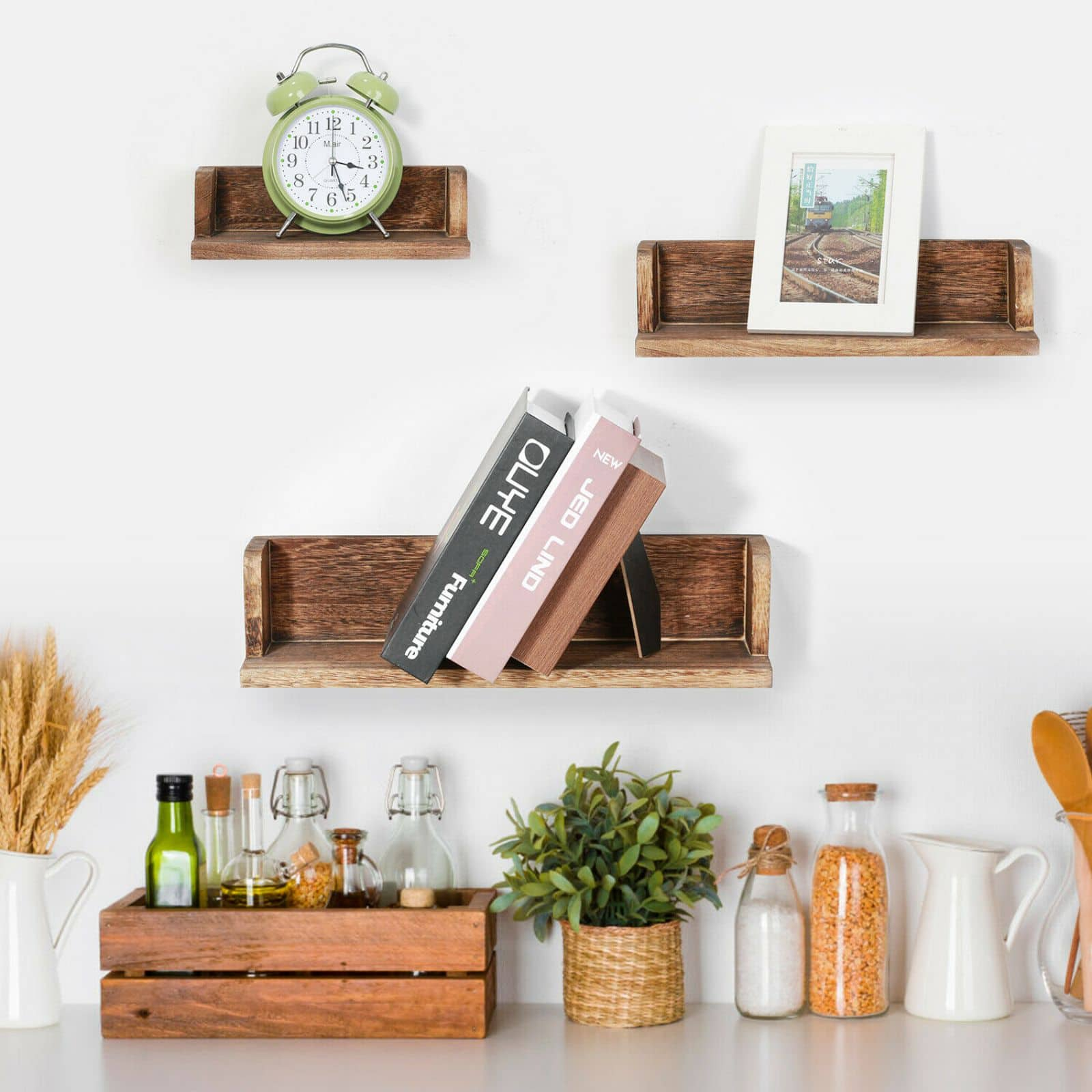 NEX&#x2122; Walnut Wall-Mounted Wooden Floating Shelves Set