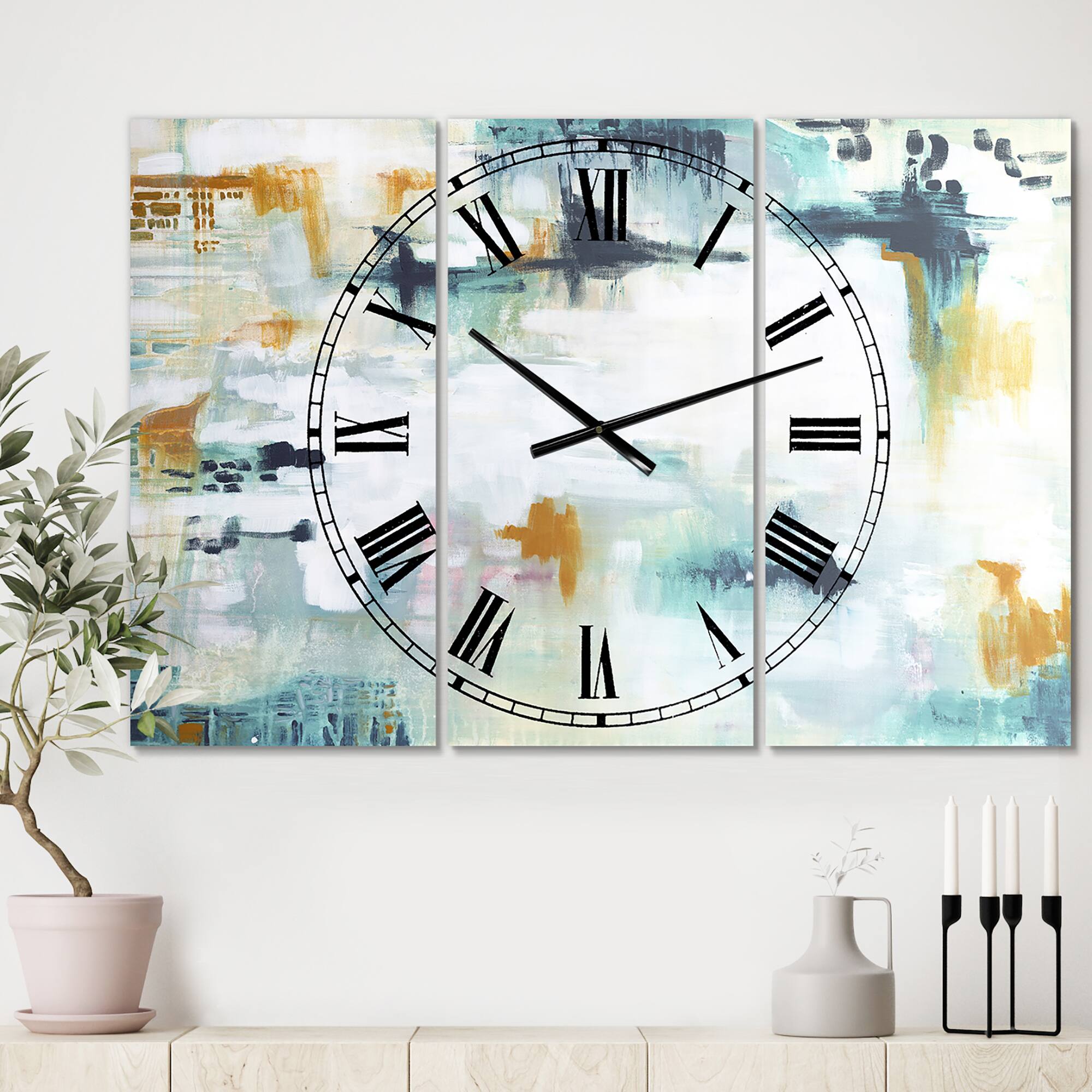 Designart 'Teal And White Composition Oversized Modern Multipanel Wall Clock