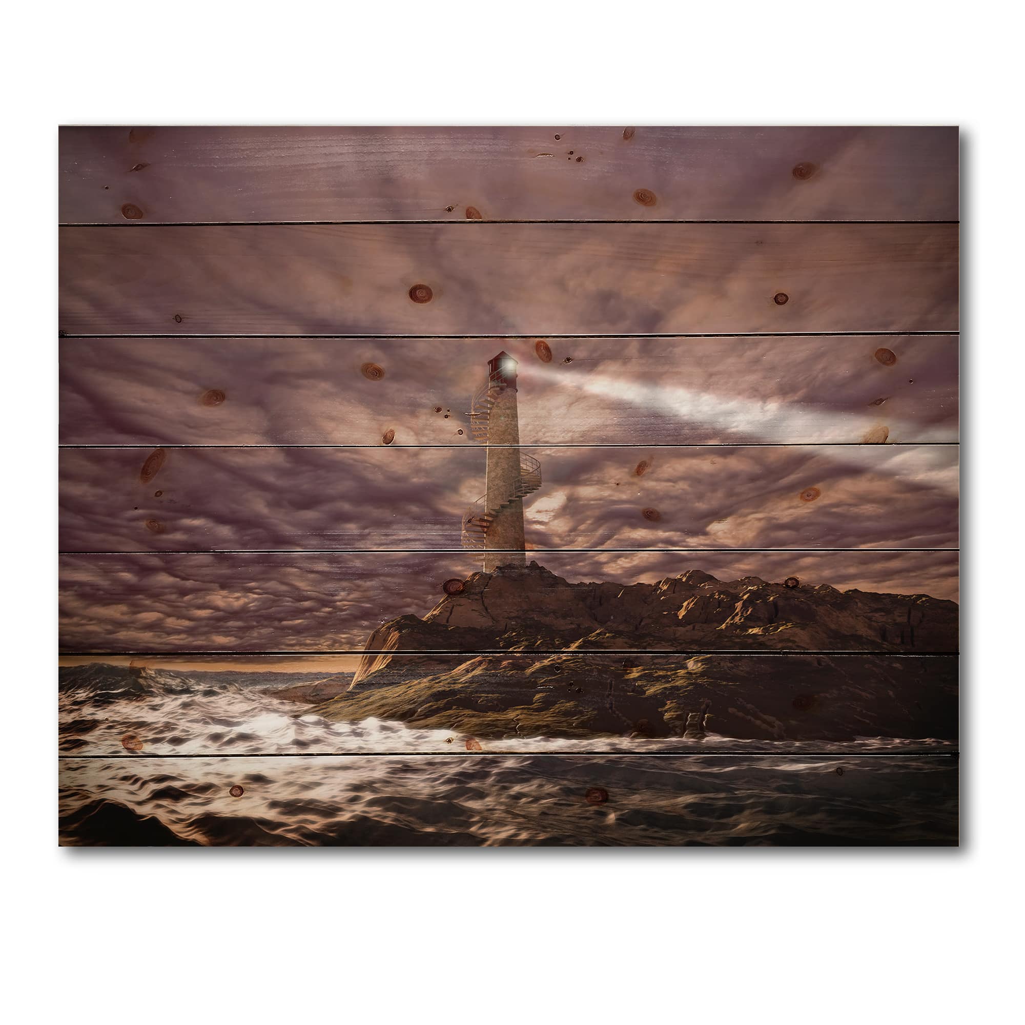 Designart - Lighthouse Shining Light During Stormy Night I - Nautical &#x26; Coastal Print on Natural Pine Wood