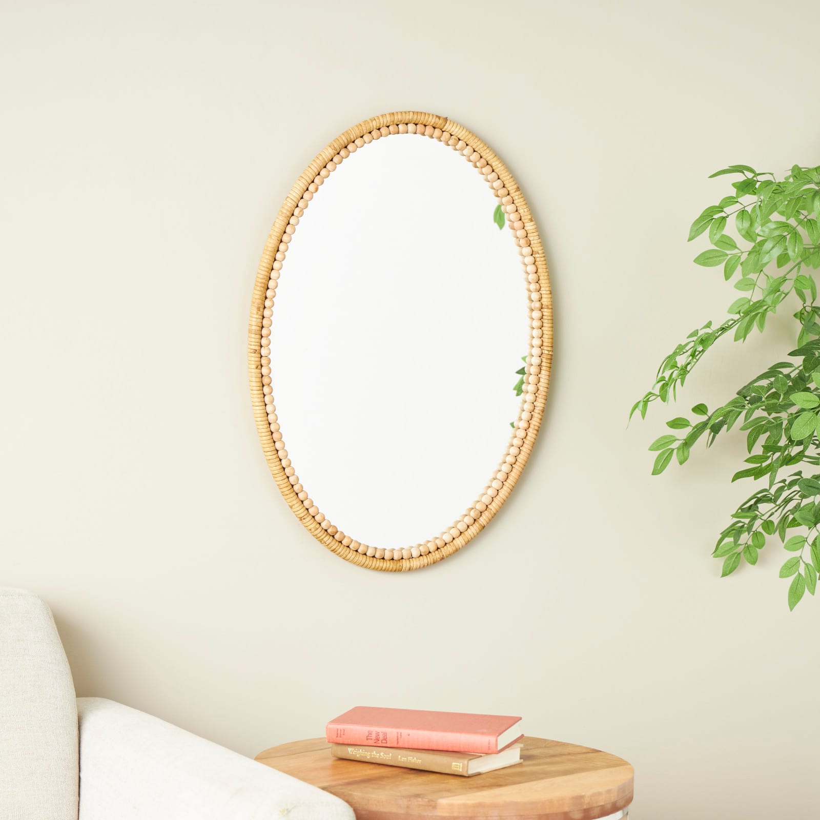 28&#x22; Brown Bamboo Wrapped Oval Wall Mirror with Beaded Frame D&#xE9;cor