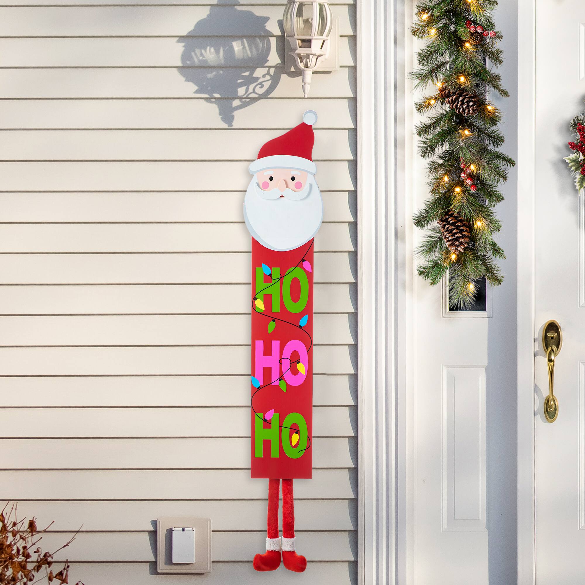 Glitzhome® 4.5ft. Wooden Santa Porch Sign with Fabric Dangling Legs