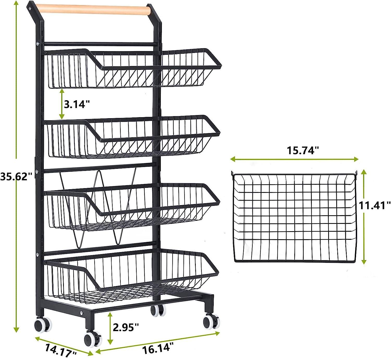 Siavonce 4 Tier Fruit Vegetable Basket for Kitchen, Storage Cart, Vegetable Basket Bins, Wire Storage Organizer Cart with Wheels