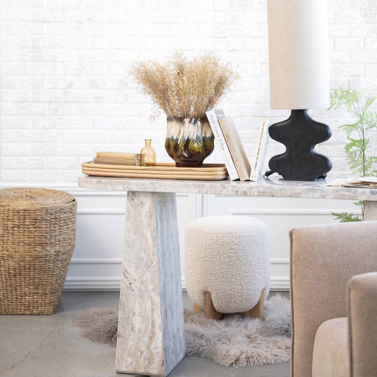 Hello Honey&#xAE; White Boucl&#xE9; Fabric Upholstered Ottoman