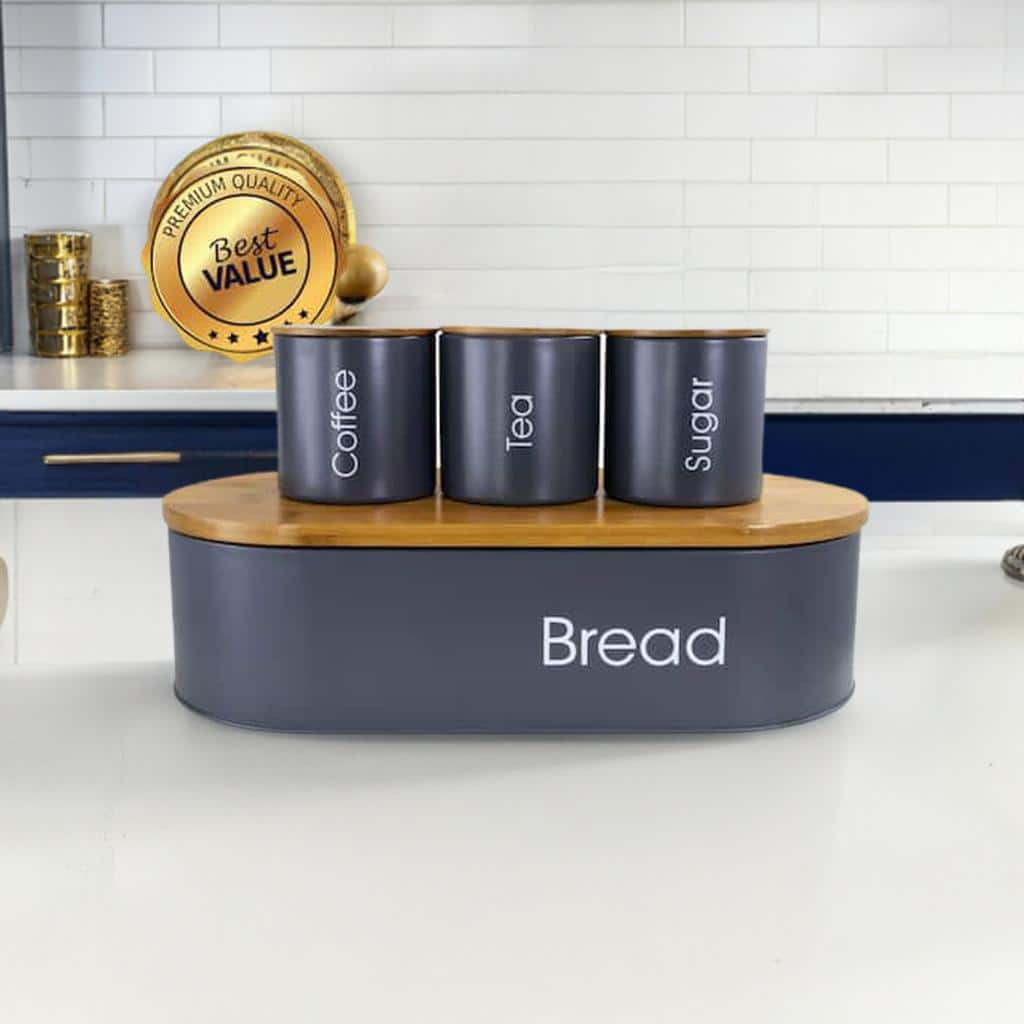 MegaChef Bamboo Kitchen Countertop Gray 4-Piece Metal Bread Basket & Canister Set
