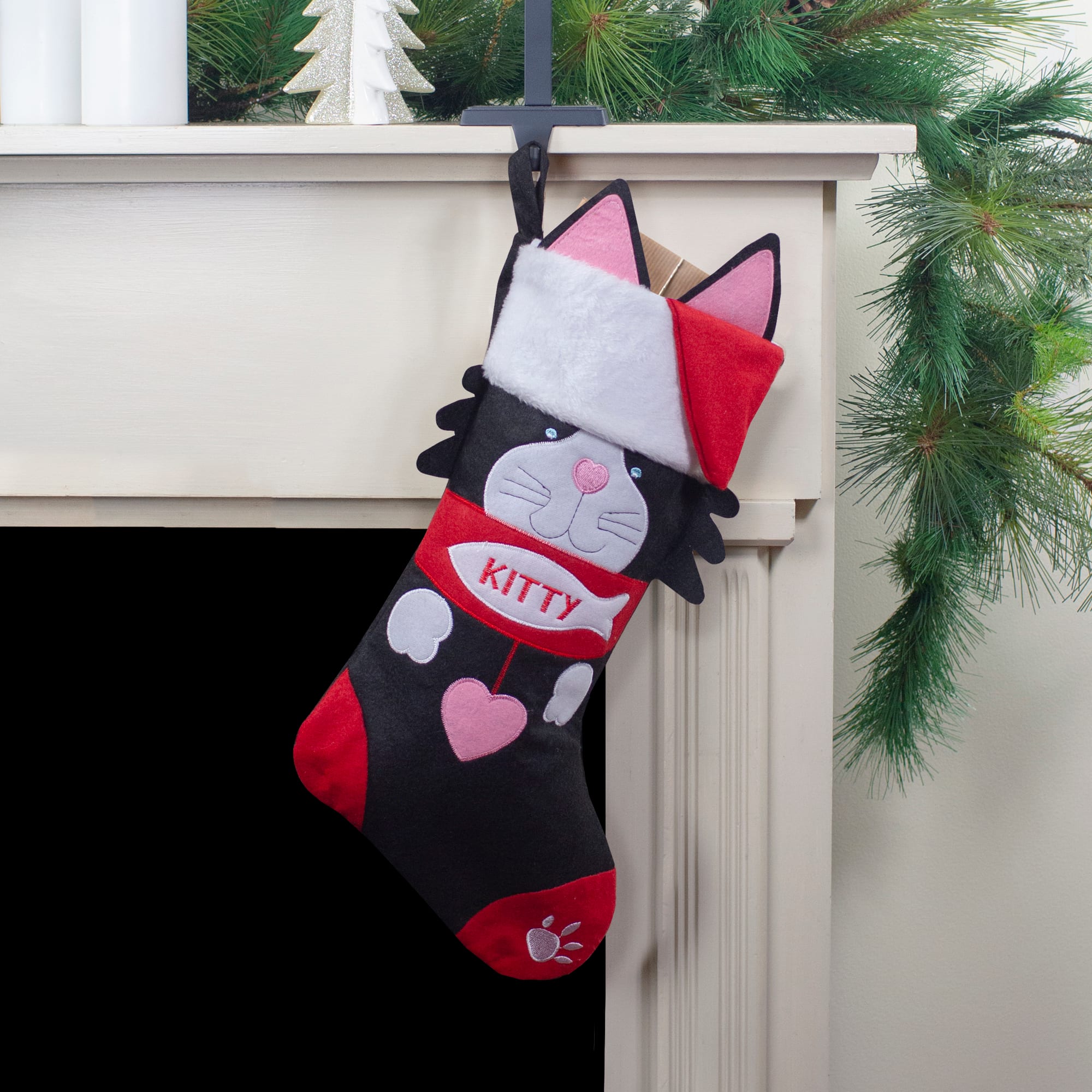 19.5&#x22; Black &#x26; Red Embroidered Kitty Cat Christmas Stocking