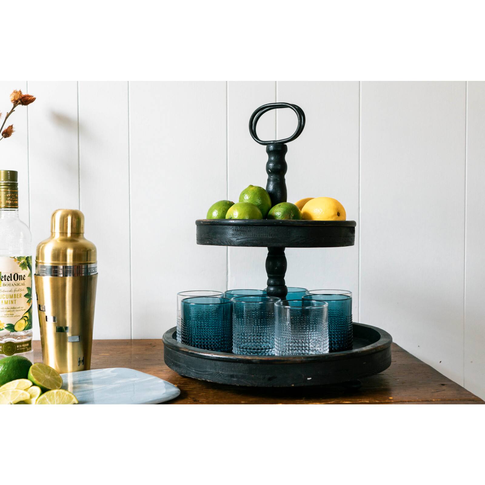 Hello Honey&#xAE; 18.5&#x22; Distressed Black Wood 2-Tier Tray