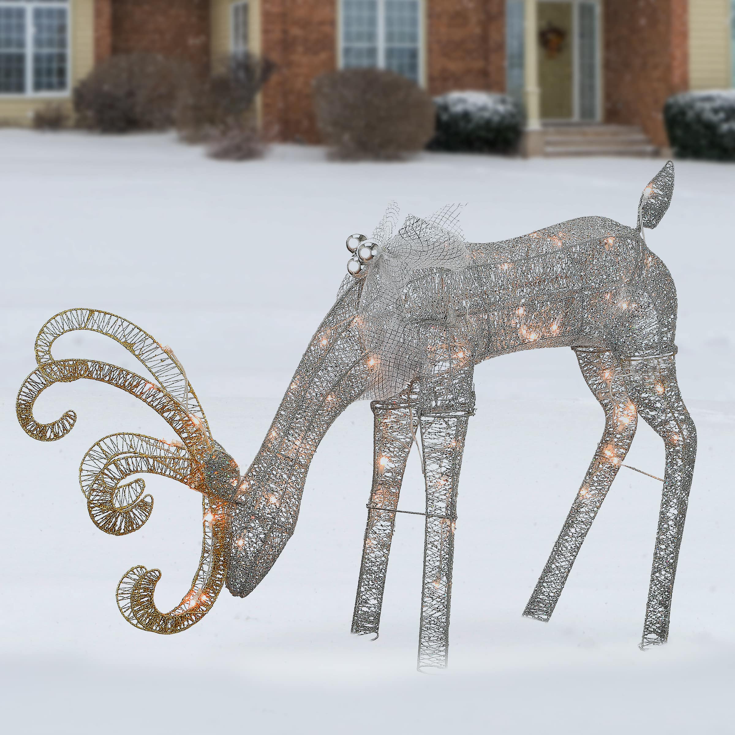 28" Crystal Feeding Reindeer, Clear Mini LED Lights