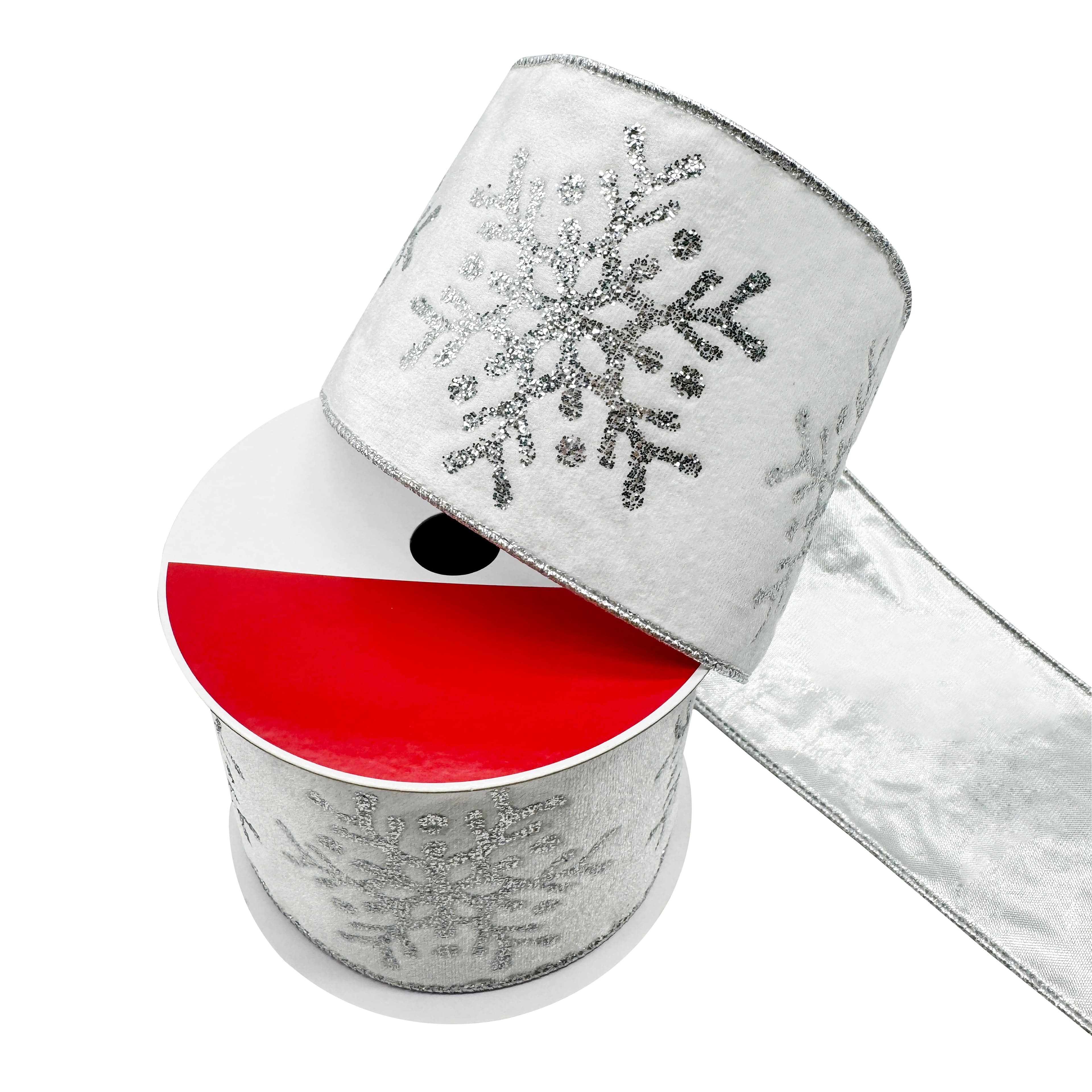 3.5&#x22; x 15ft. White &#x26; Silver Glitter Snowflakes Wired Velvet Ribbon by Celebrate It&#xAE;