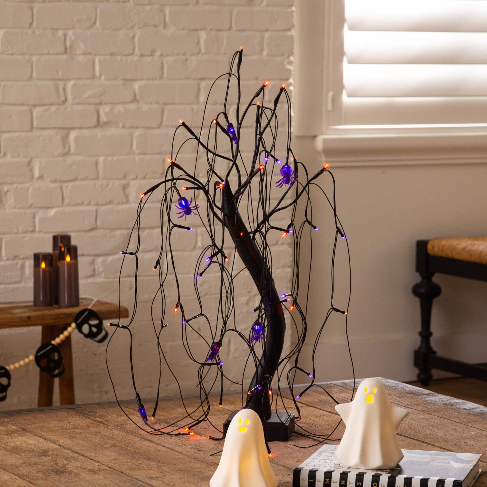 2ft. Pre-Lit Halloween Artificial Black Spooky Spider Willow Tree with 60 Orange &#x26; Purple LED Lights