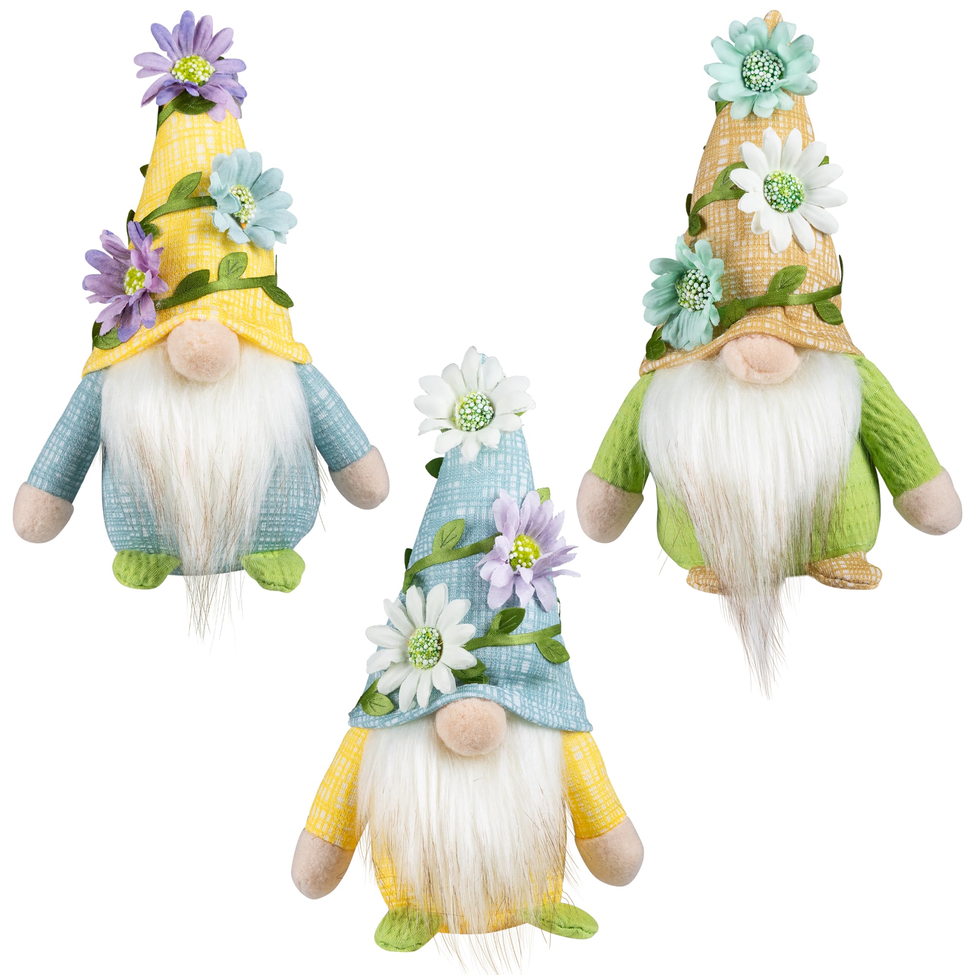 7" Mini Plush Spring Gnomes with Floral Hats Decoration Set