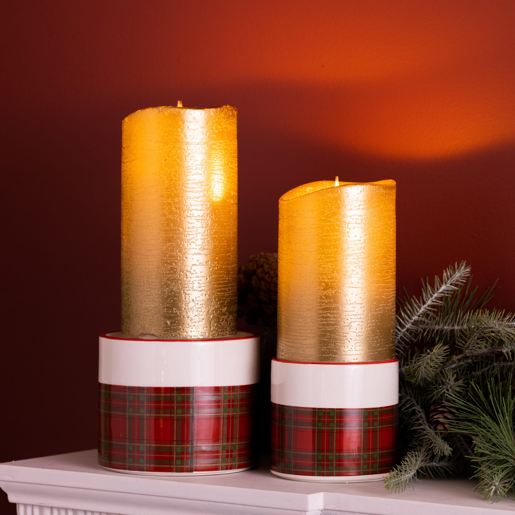 Ceramic Plaid Candle Holder Set, 3.5&#x22; &#x26; 4&#x22;