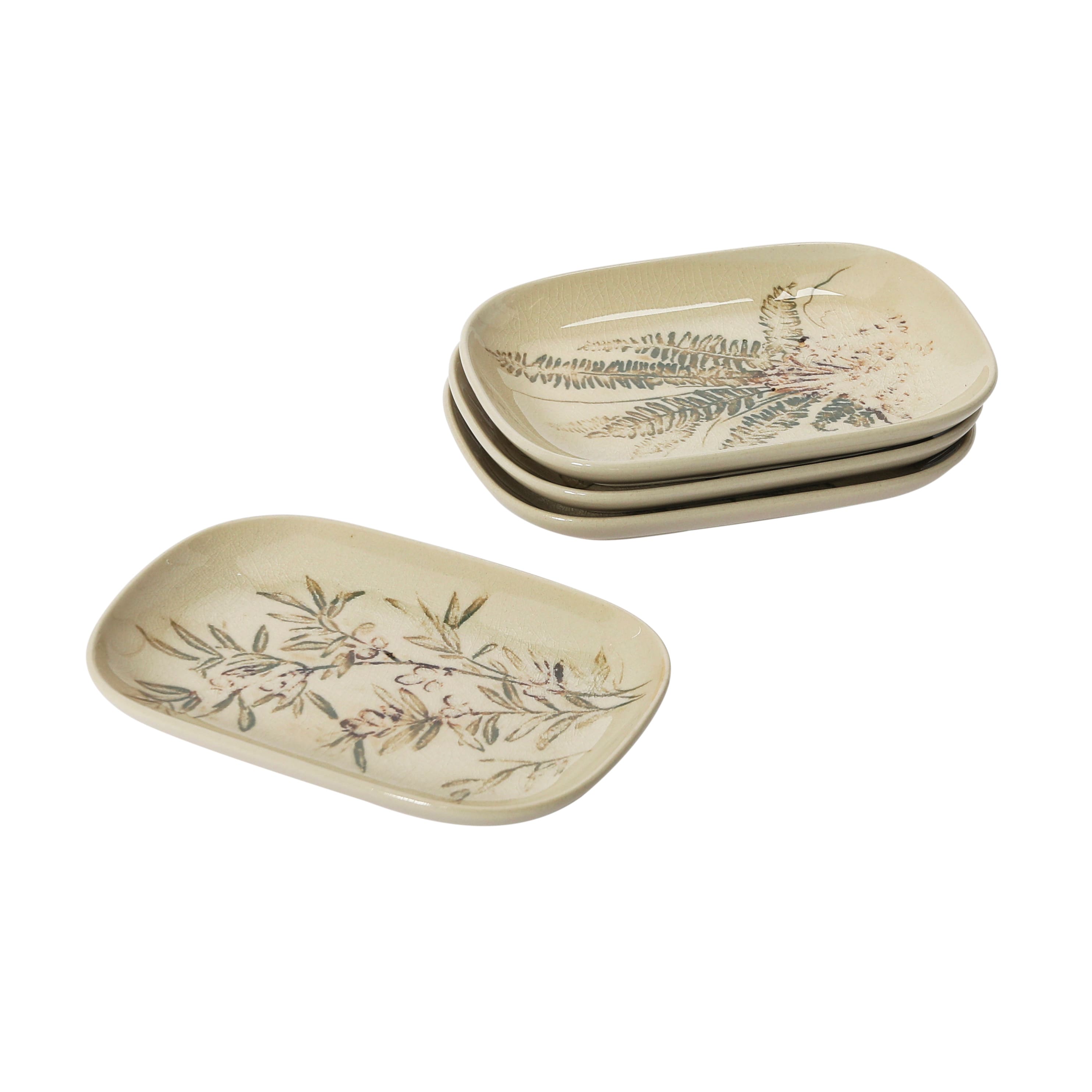 6&#x22; Debossed Botanical Stoneware Dish Set with Crackle Glaze Finish