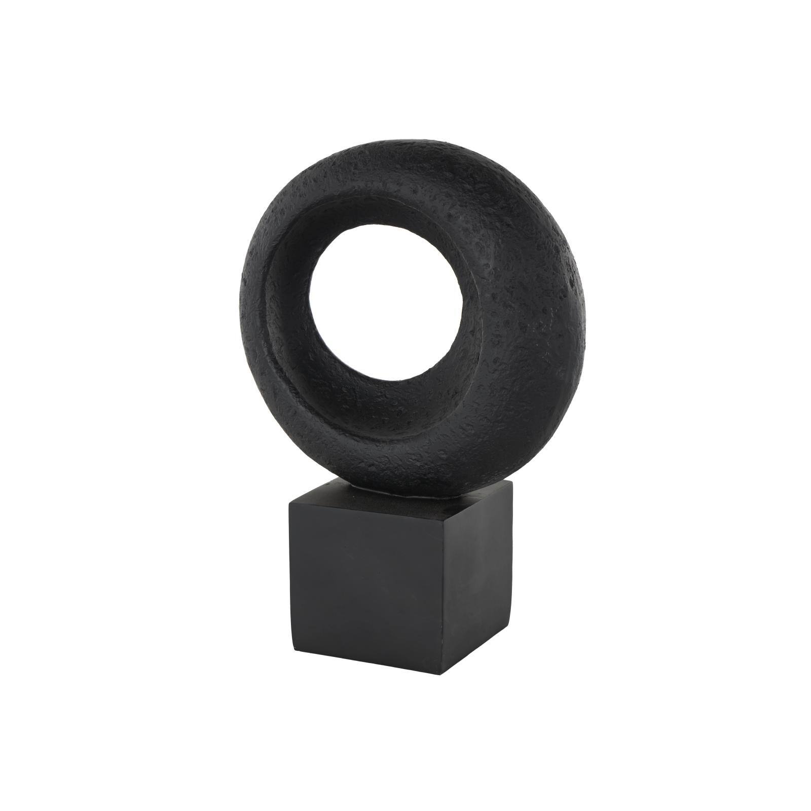14.25" Black Polystone Geometric Textured Cutout Ring Sculpture with Block Base