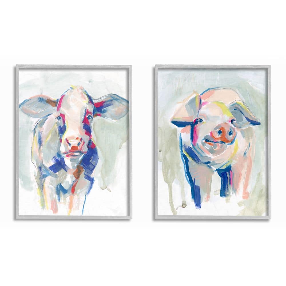Stupell Industries Colorful Cow &#x26; Pig Paintings Wall Art Set in Gray Frames