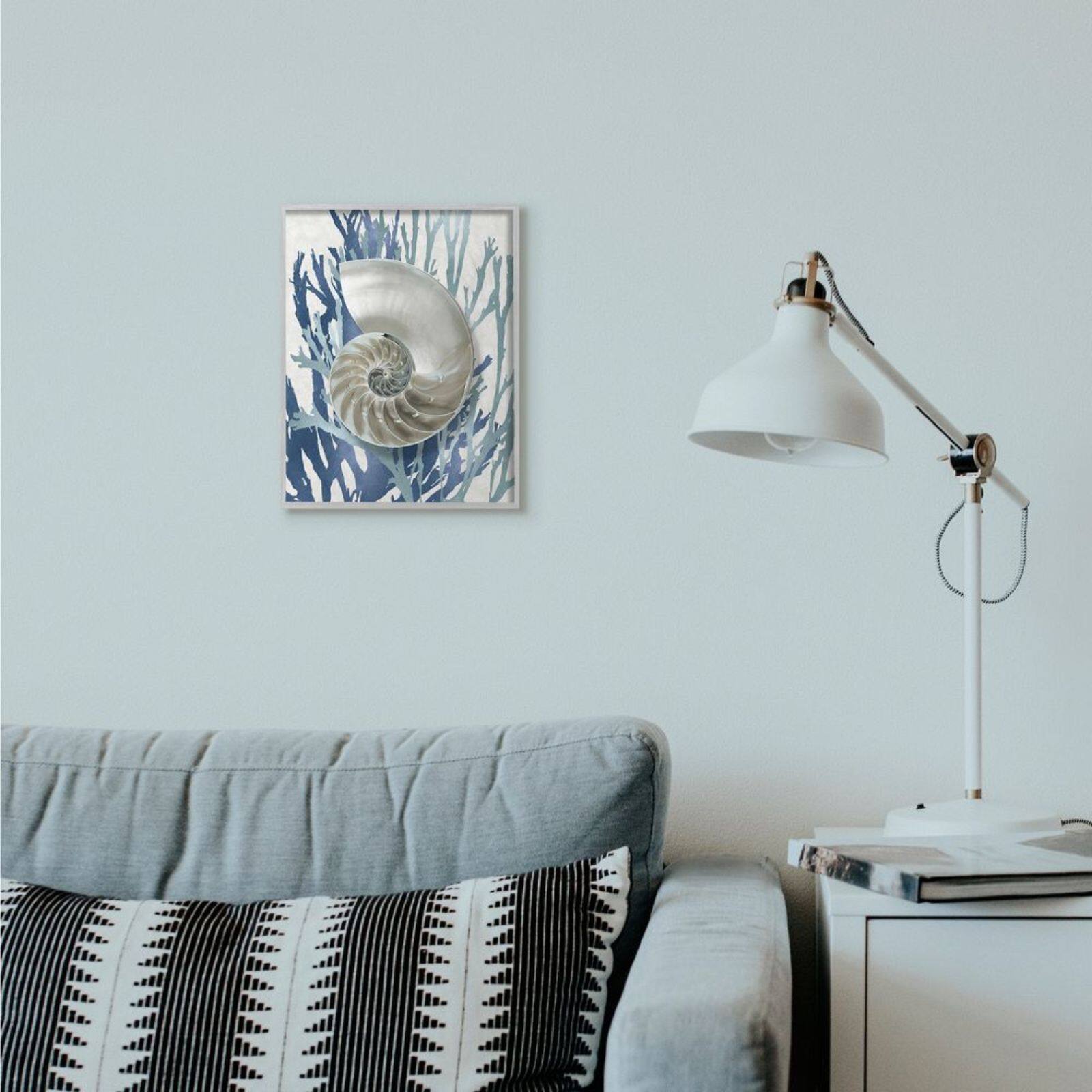 Stupell Industries Shell Coral Beach Blue Design Framed Wall Art