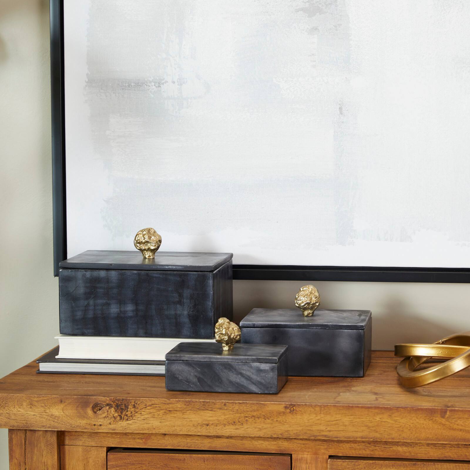 Black Marble Box with Gold Finial Set 