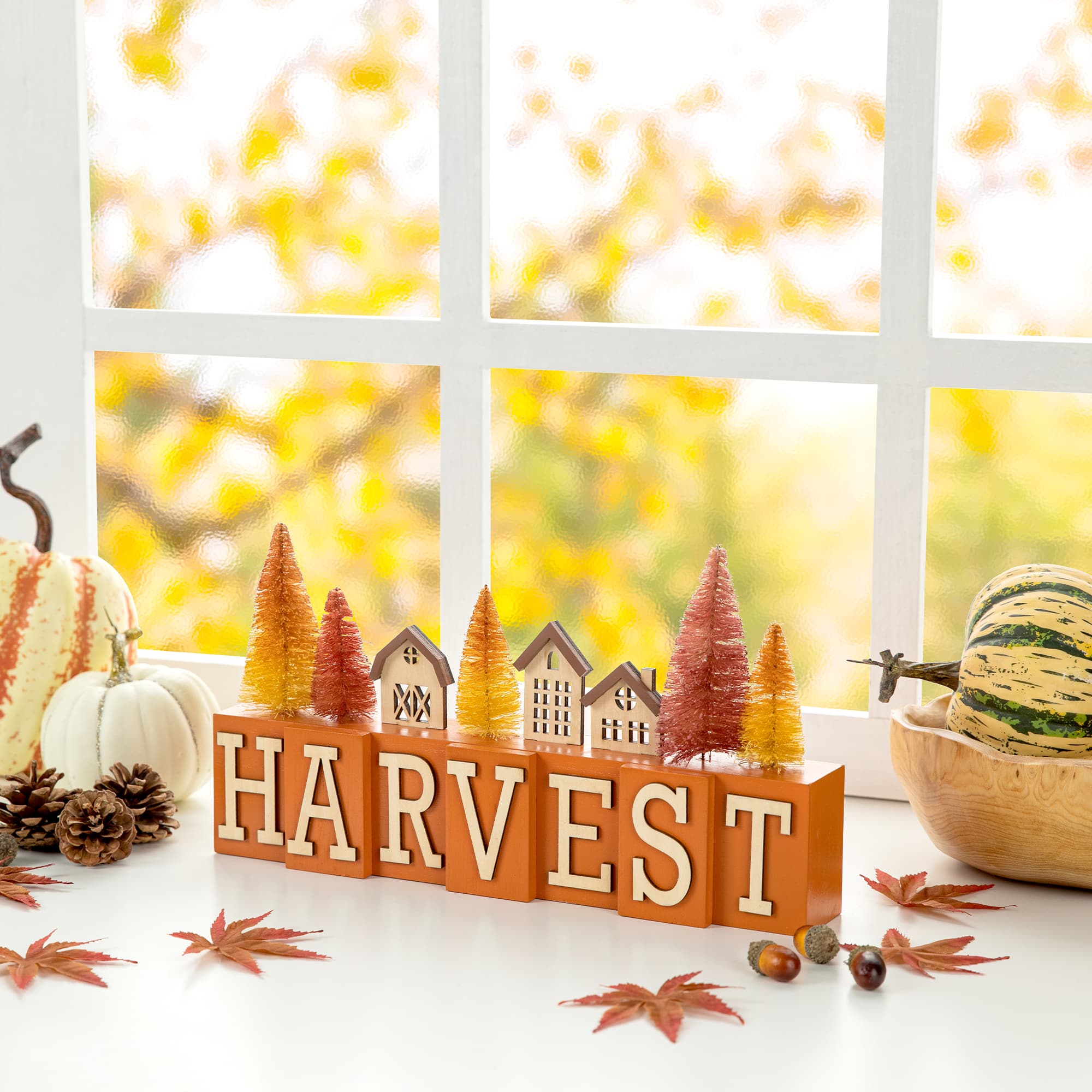 Glitzhome® 14" Harvest Wooden House and Brush Trees Table Décor