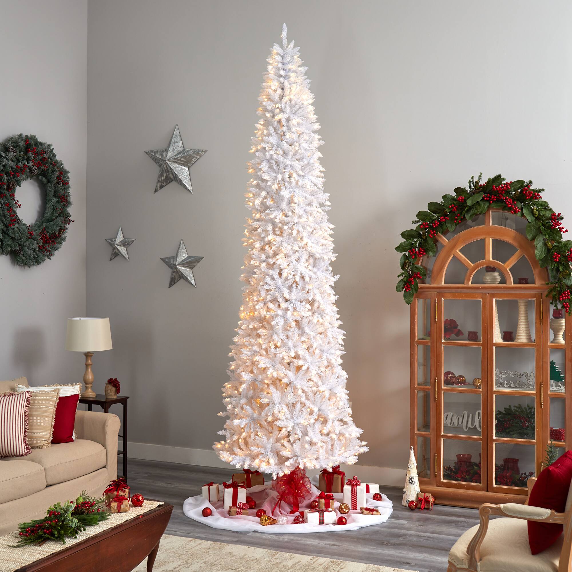 12ft. Pre-Lit Slim White Artificial Christmas Tree, Warm White LED Lights