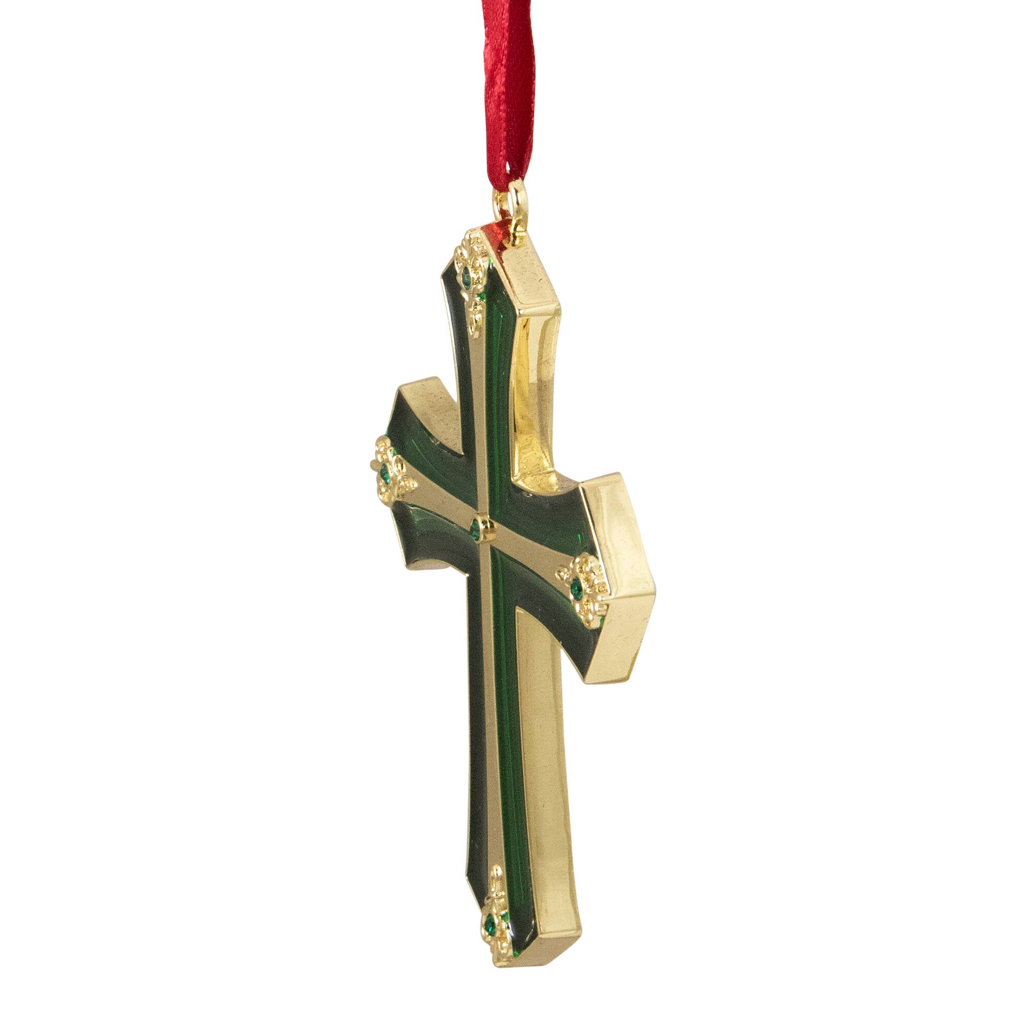 3.5" Green & Gold Layering Effect with Crystals Cross Ornament
